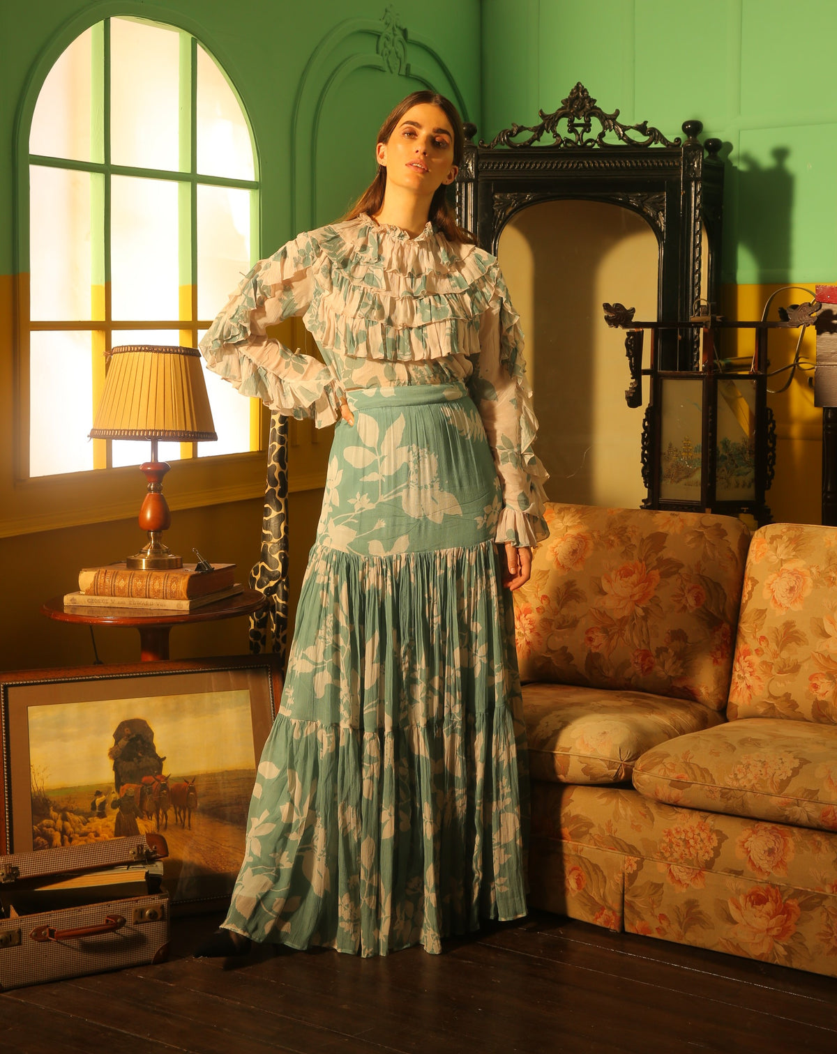 WHITE AND SKY BLUE FLORAL FRILL TOP