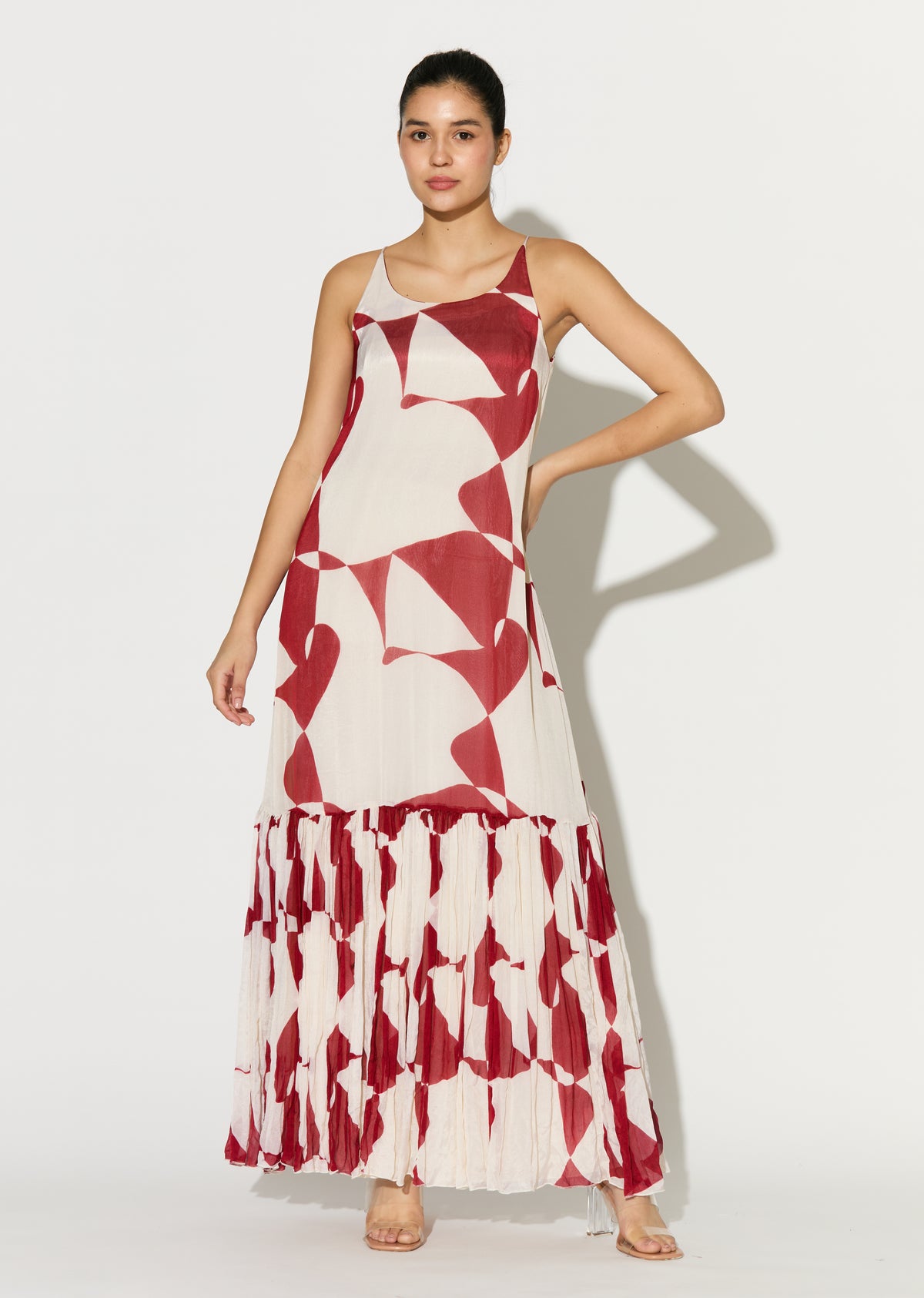 WHITE AND RED ABSTRACT SLEEVELESS LONG DRESS