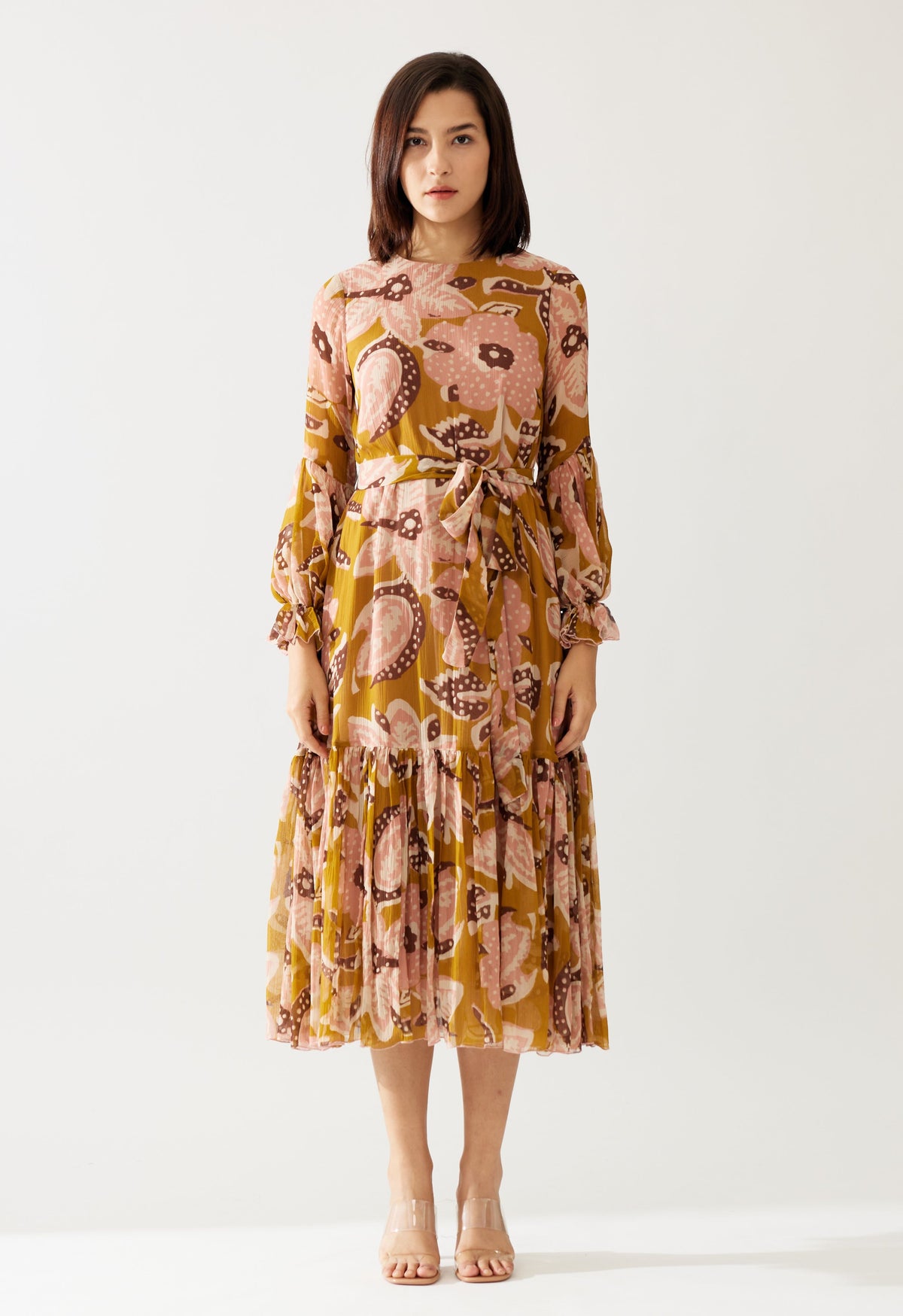 MUSTARD AND PINK FLORAL MIDI DRESS