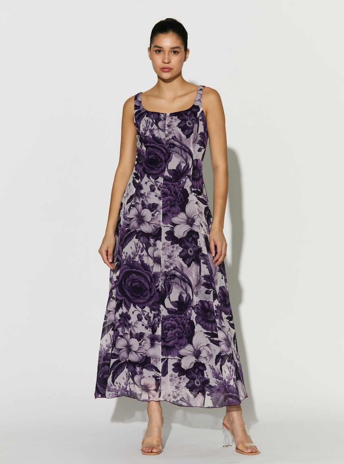 WHITE AND PURPLE FLORAL SLEEVELESS DRESS