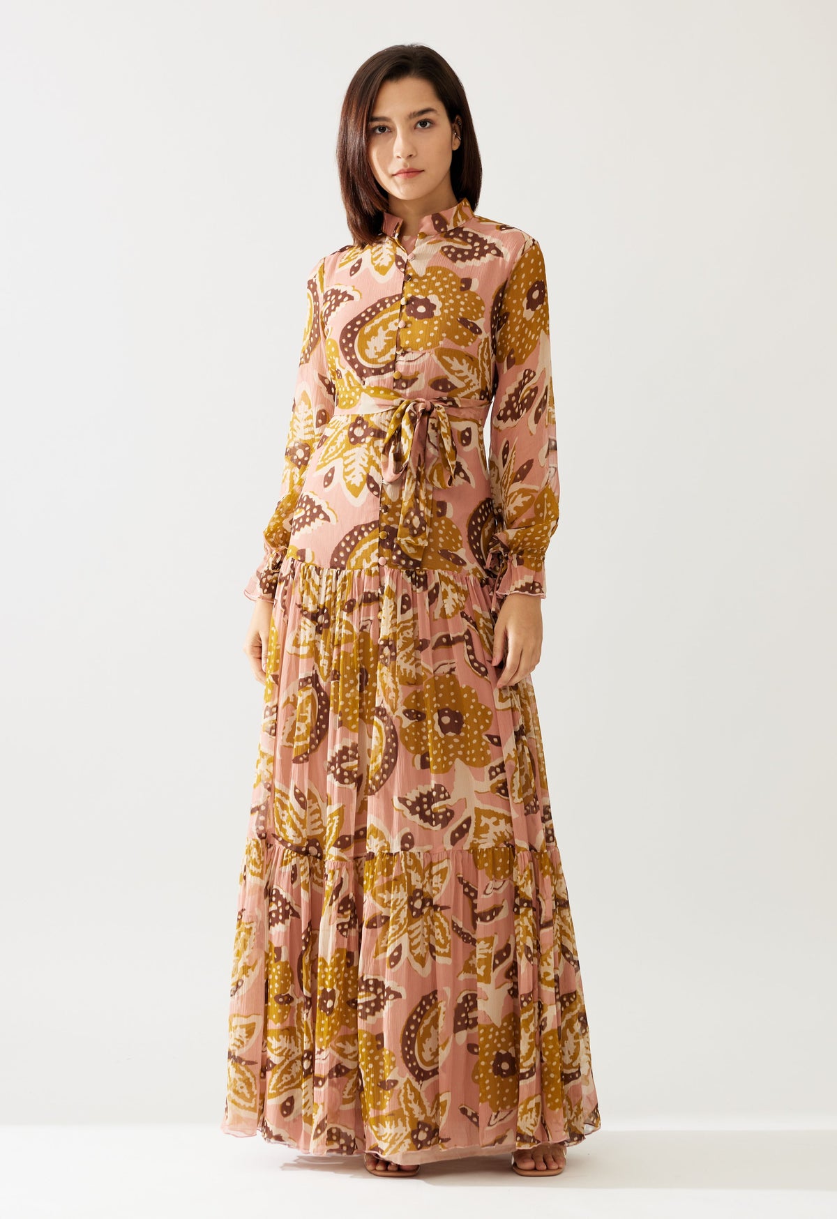 PINK AND MUSTARD FLORAL LONG DRESS