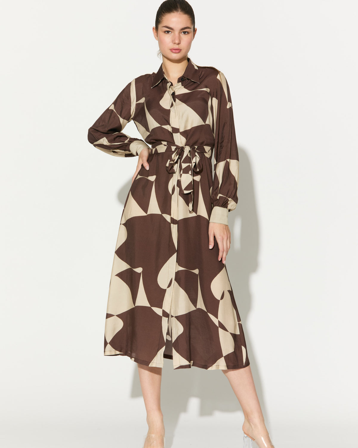 BROWN AND WHITE ABSTRACT LONG SHIRT
