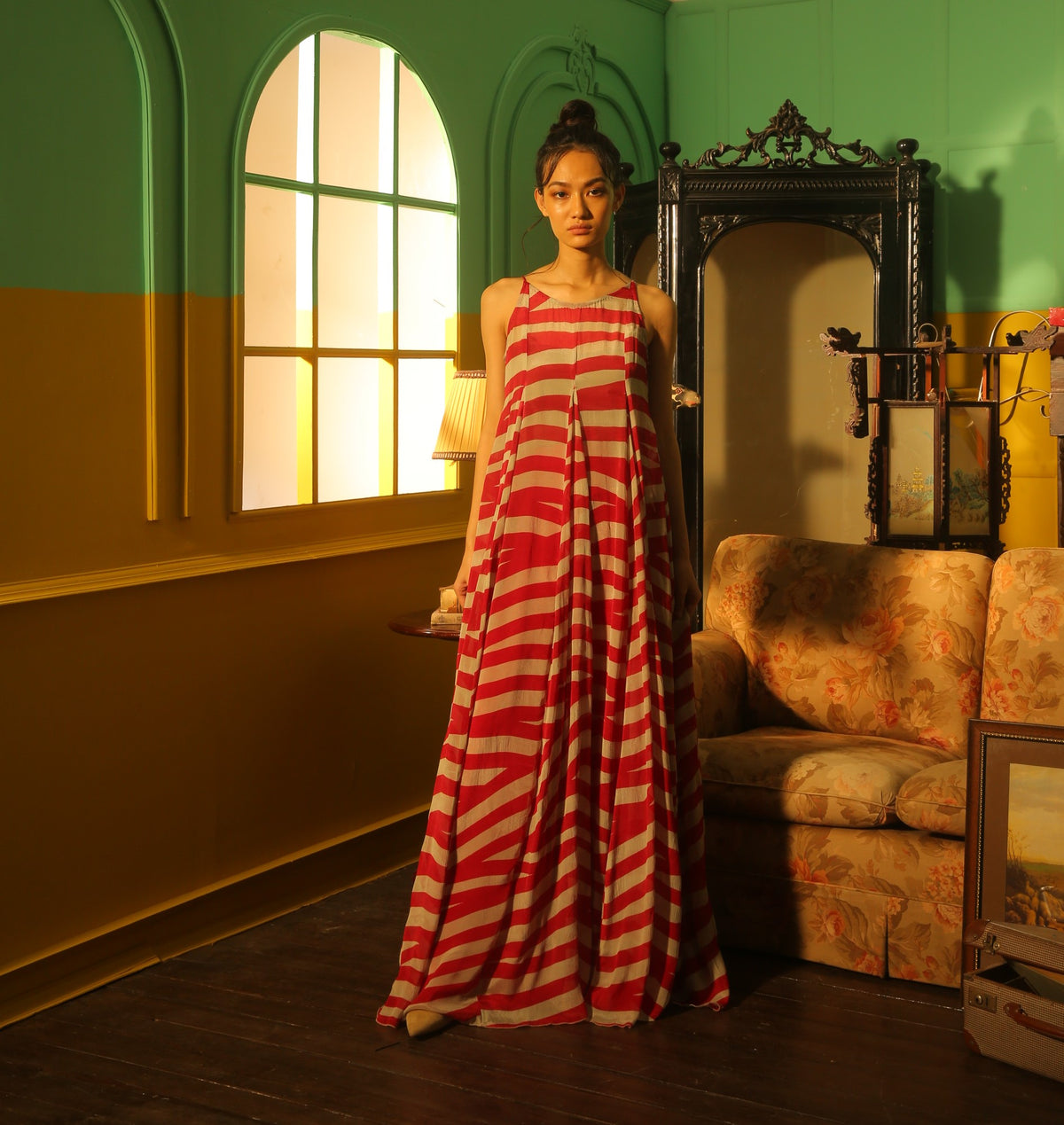 RED AND BEIGE STRIPE DRESS