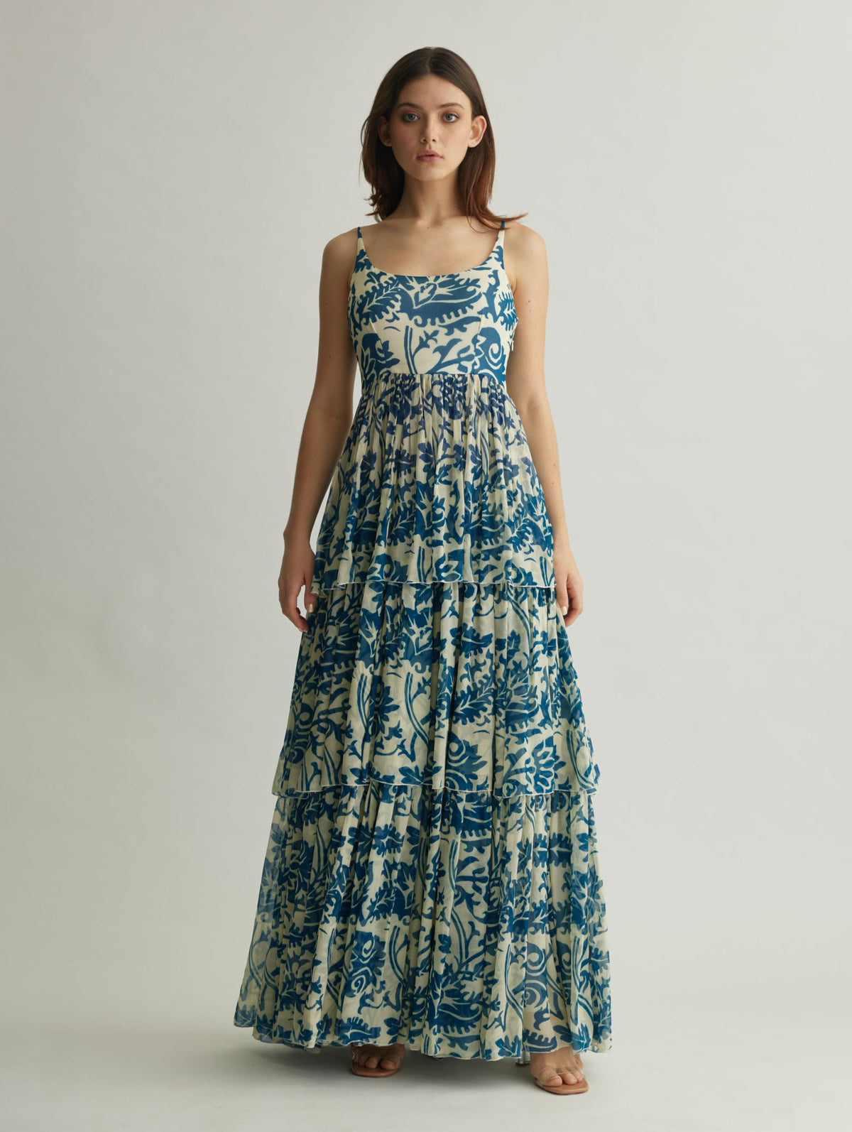 blue and white floral sleeveless dress Cabana Life - Lake Como Sleeveless Ruffle Sport Dress - Floral