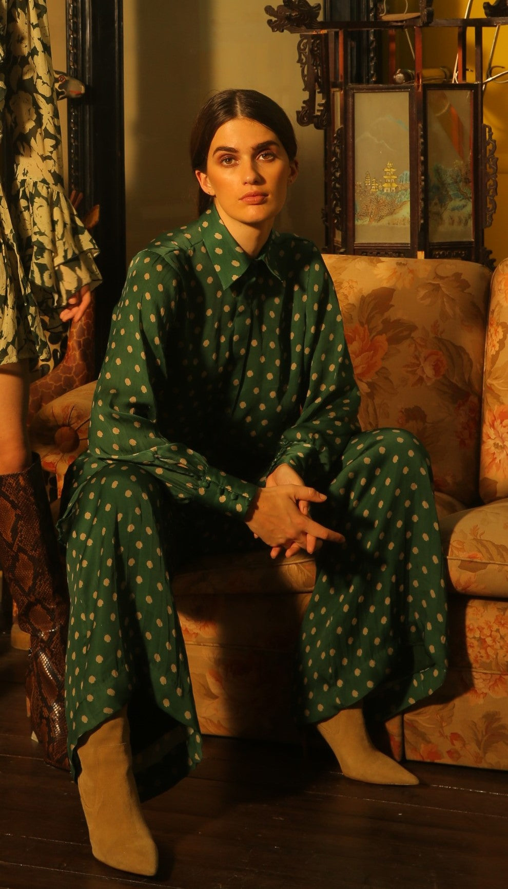 DARK GREEN AND YELLOW POLKA PANTS