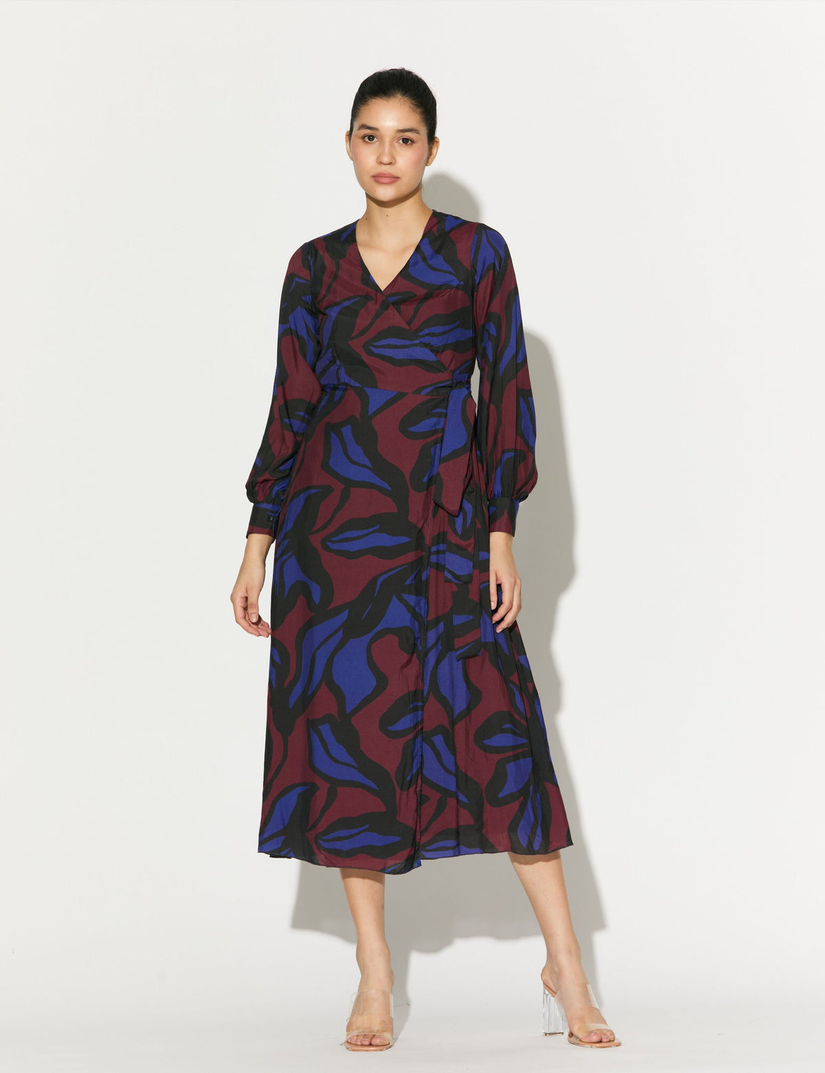 BLUE, MAROON AND BLACK FLORAL WRAP DRESS