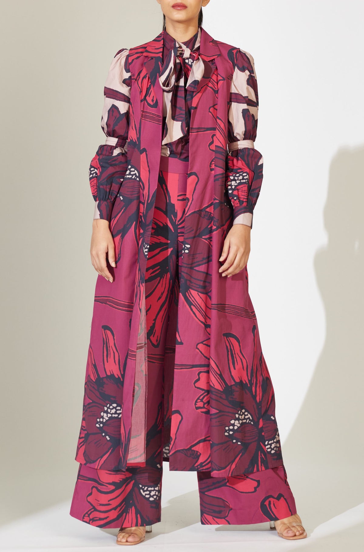 RED AND MAROON FLORAL SLEEVELESS JACKET - Main Image