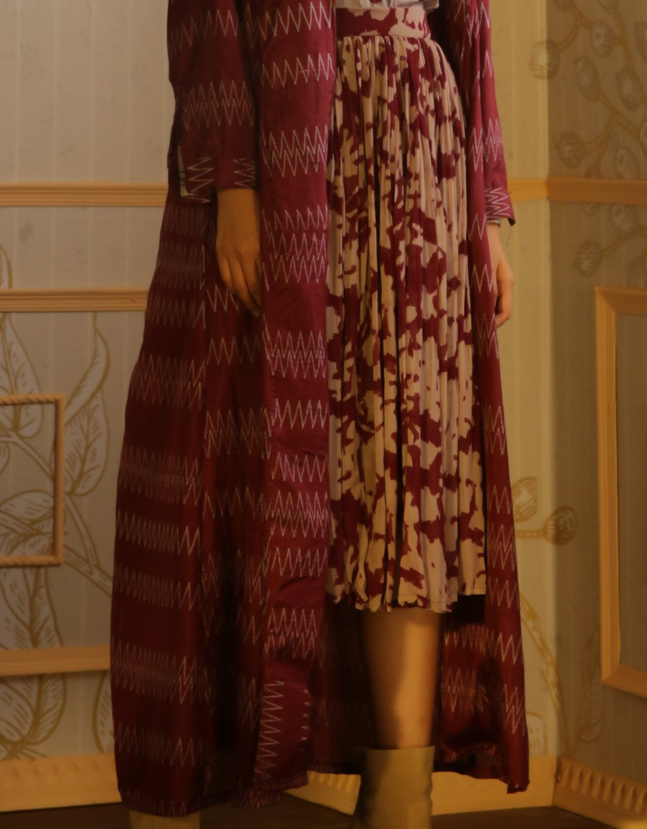 MAROON AND BEIGE CRINKLED SKIRT
