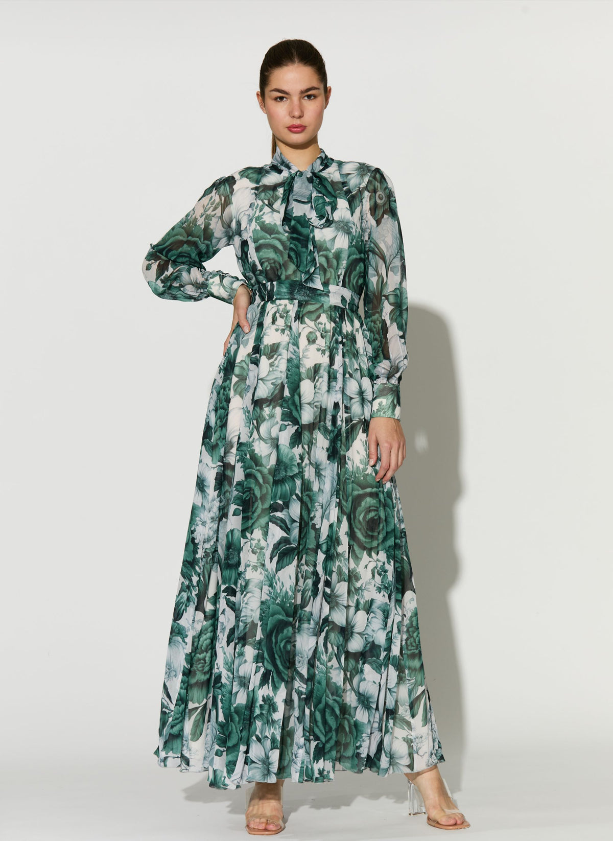 WHITE AND MINT FLORAL LONG DRESS