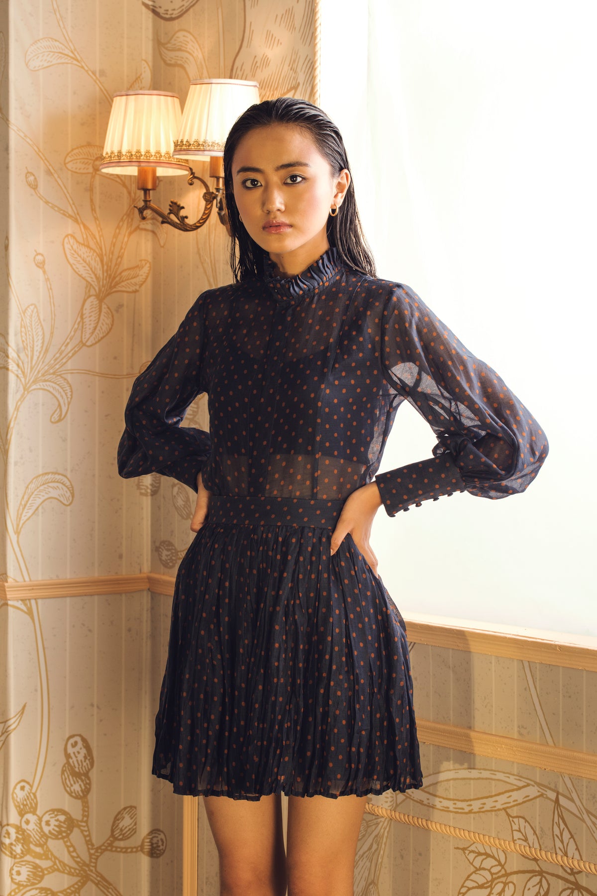 BLUE AND BROWN POLKA DOT FRILL COLLAR SHIRT