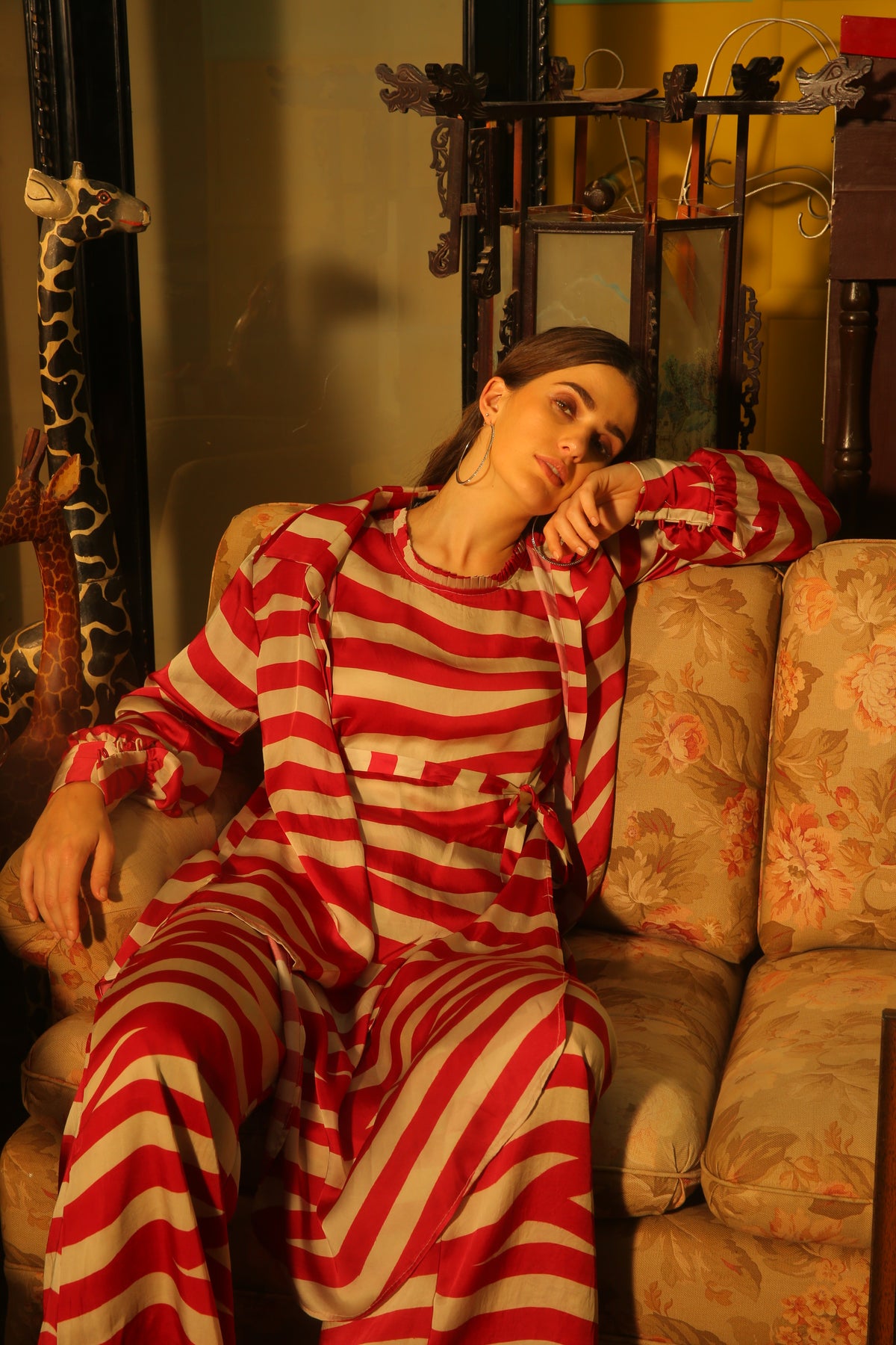 RED AND BEIGE STRIPE LONG SHIRT