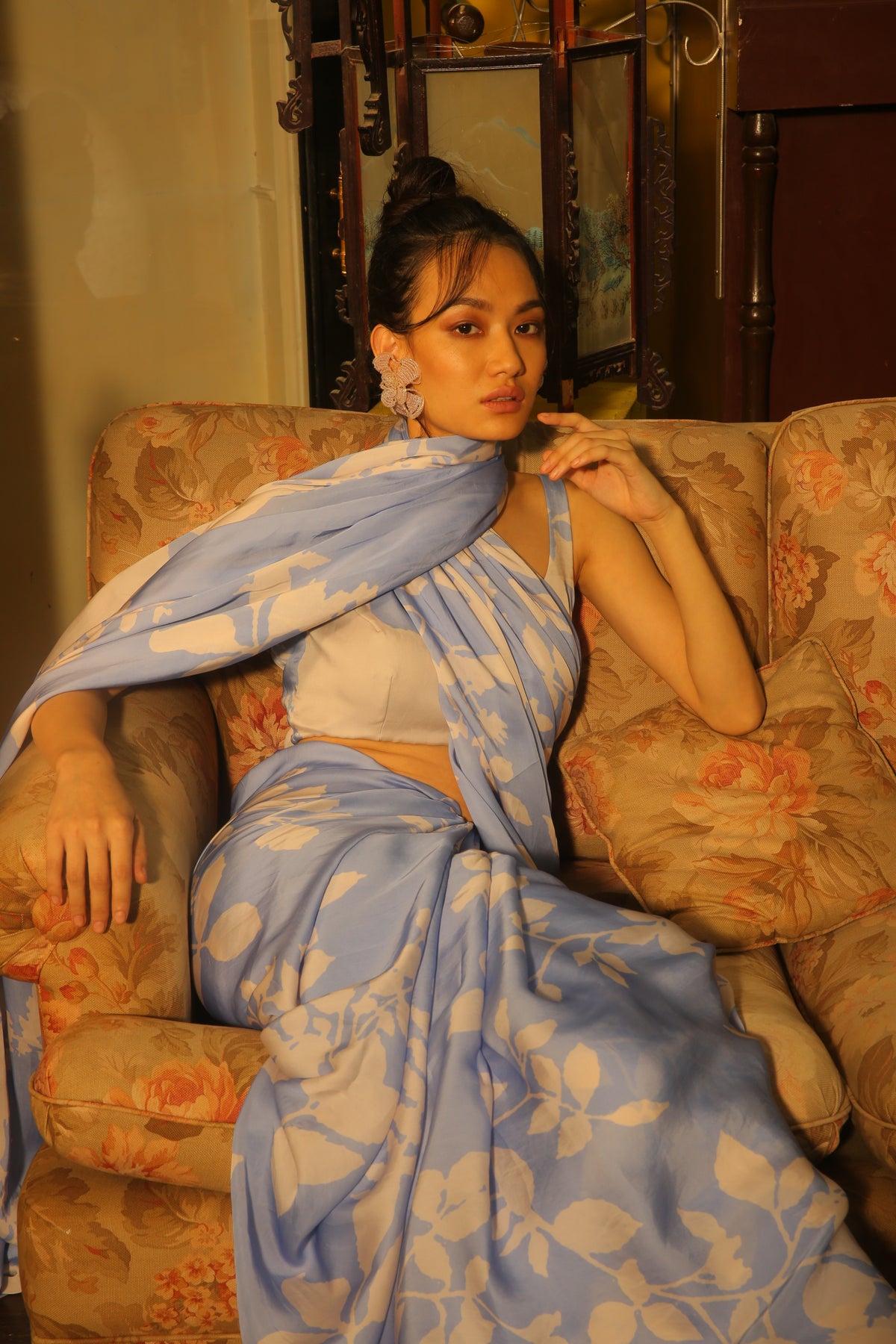 WHITE AND SKY BLUE FLORAL BUSTIER