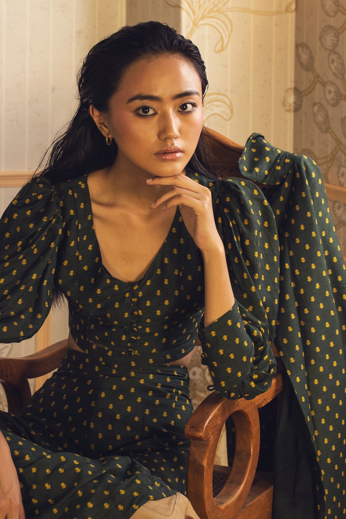 GREEN WITH YELLOW POLKA MOTIF CROP TOP