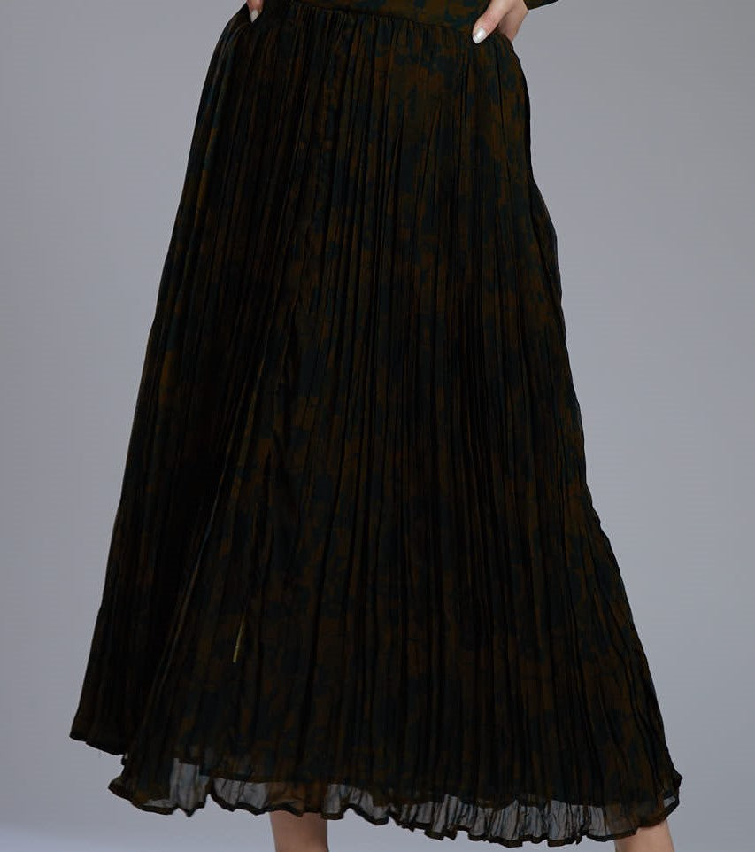 GREEN AND MUSTARD FLORAL CRINKLED SKIRT