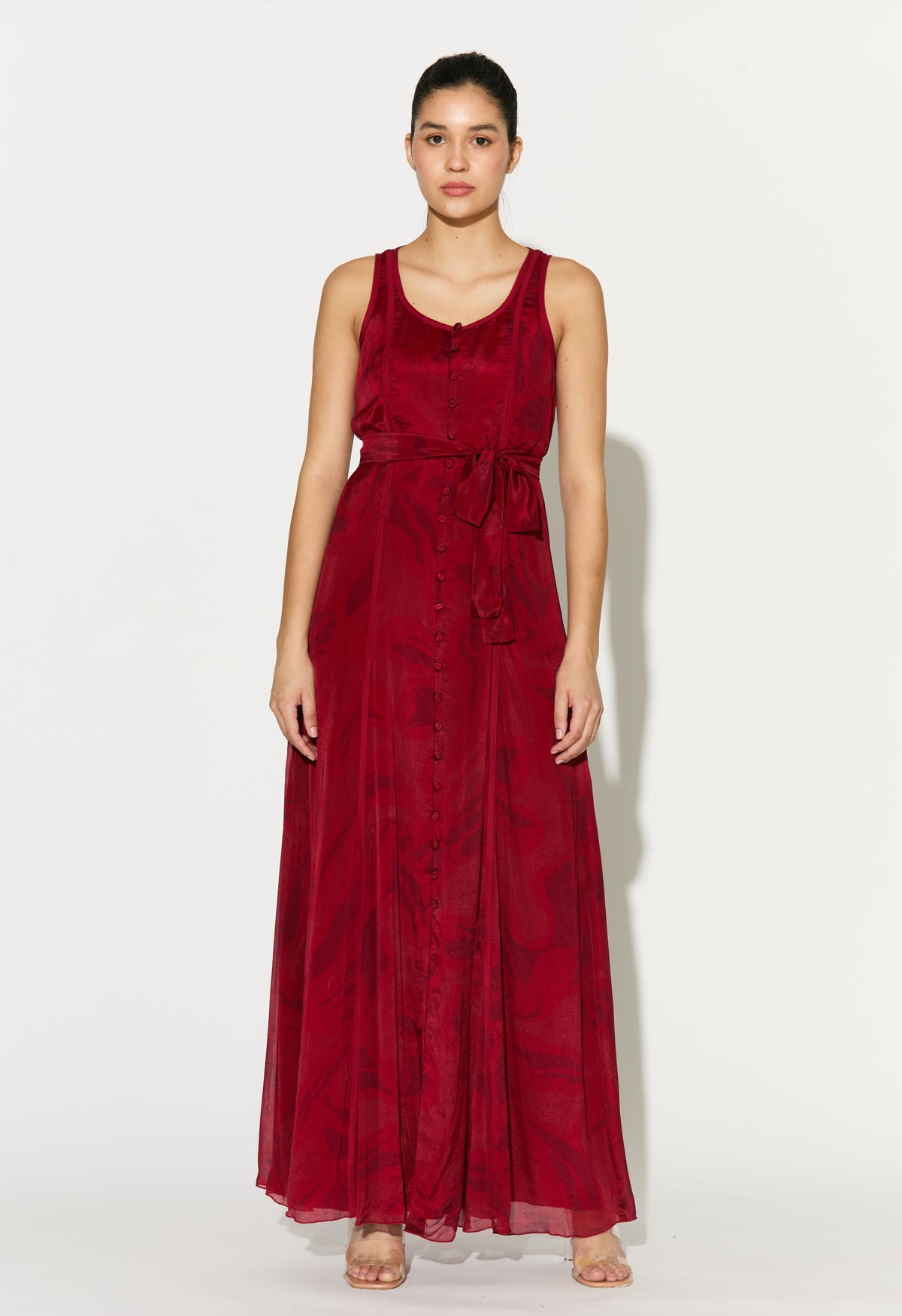 RED AND PINK FLORAL SLEEVELESS LONG DRESS