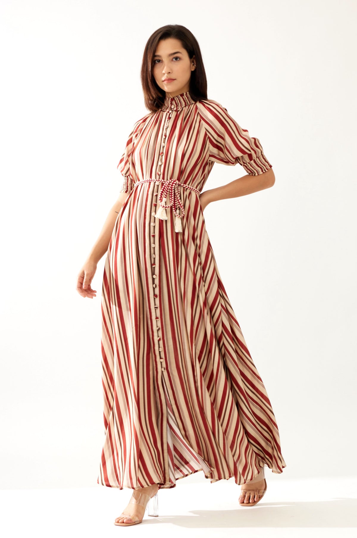 RED AND CREAM STRIPE LONG DRESS