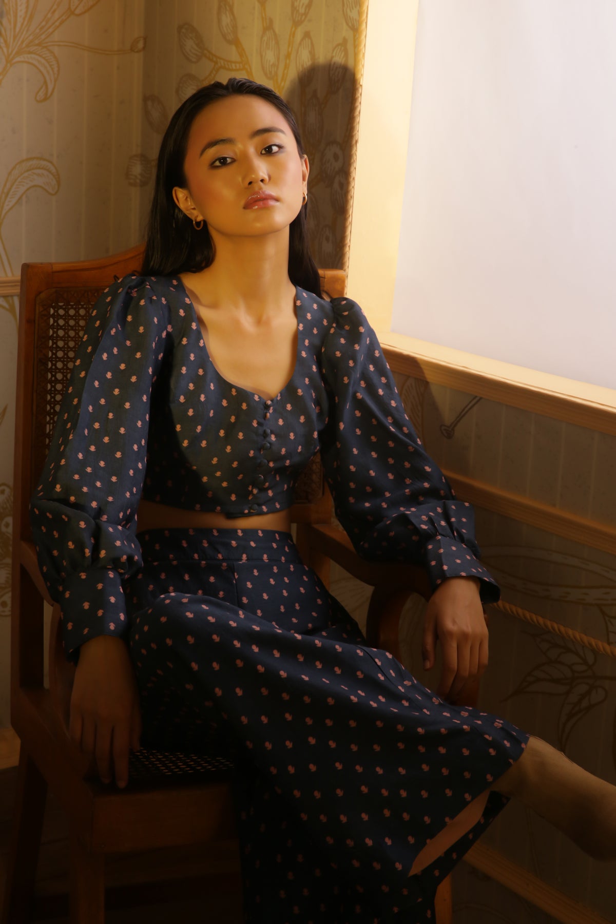 BLUE WITH PINK POLKA DOT CROP TOP