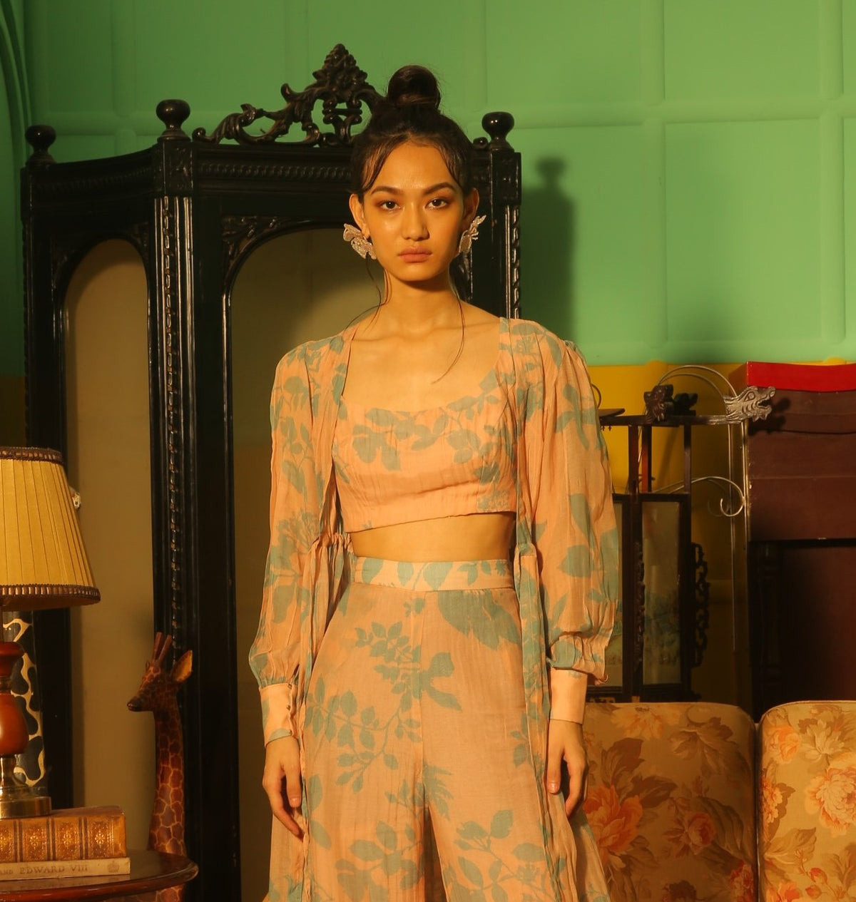 CREAM AND TEAL FLORAL BUSTIER