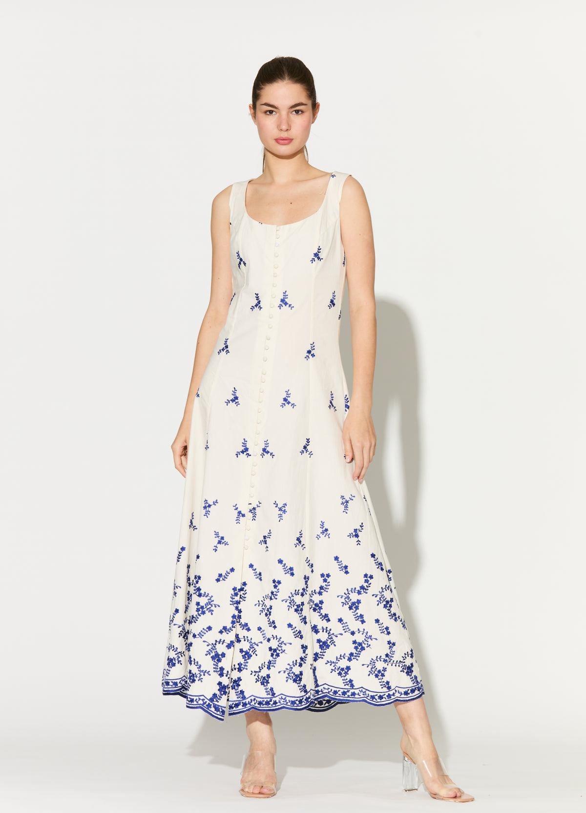 WHITE WITH BLUE EMBROIDERED SLEEVELESS LONG DRESS