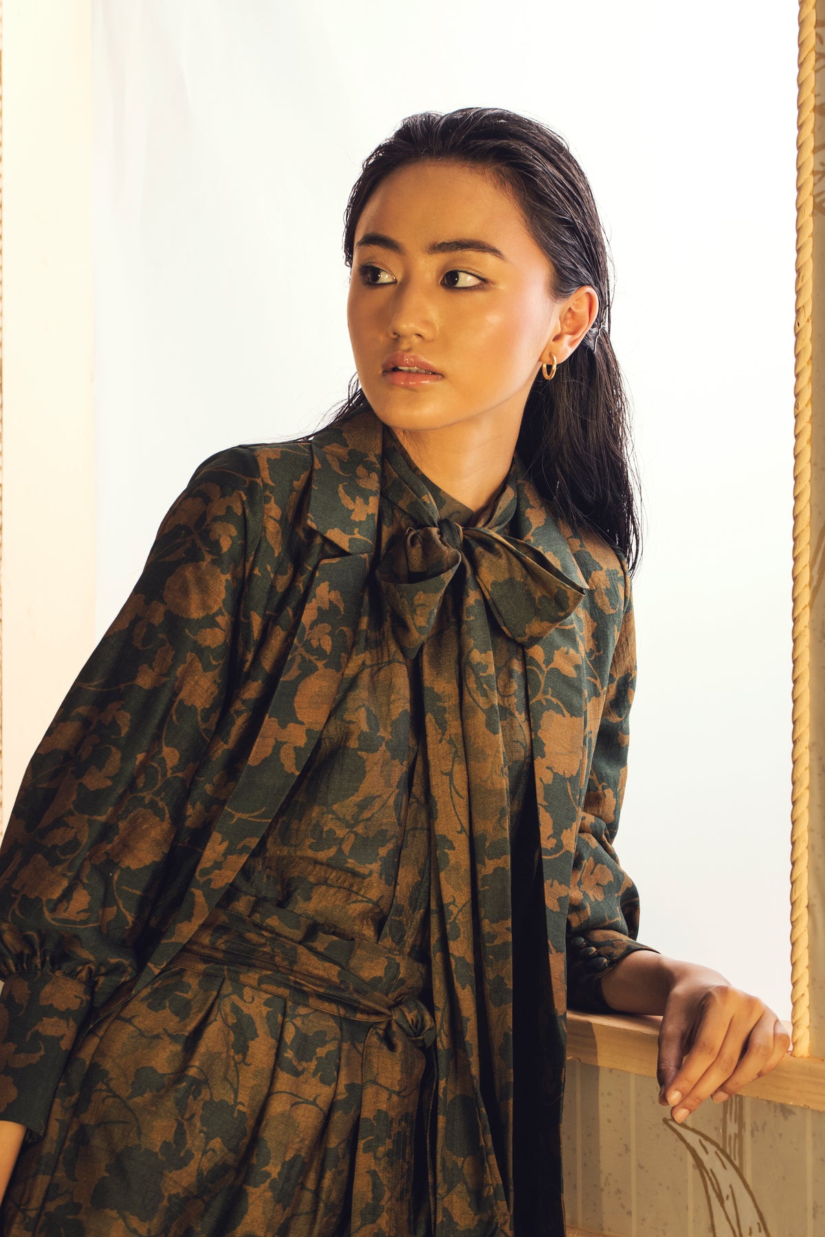 GREEN AND MUSTARD FLORAL BOW TIE SHIRT