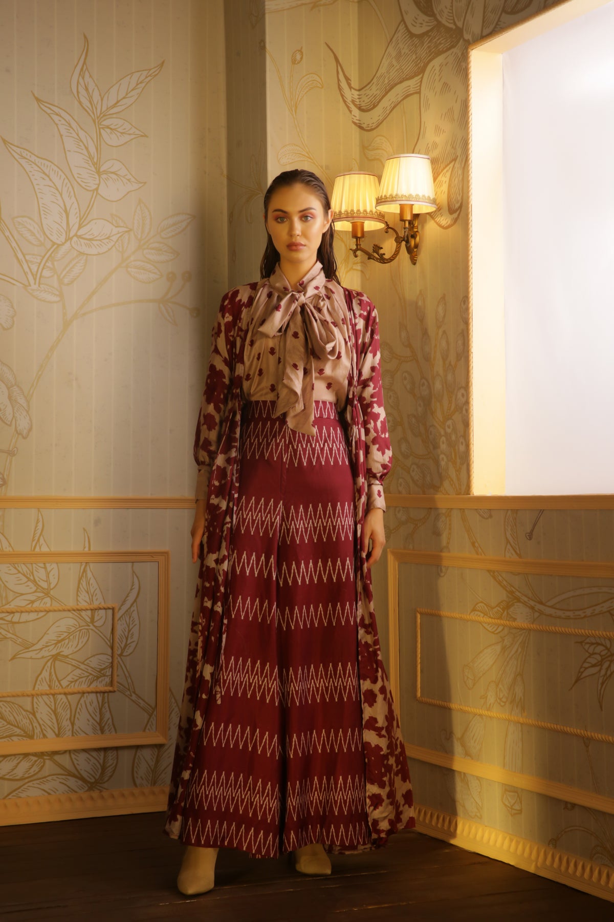 MAROON AND BEIGE FLORAL CAPE