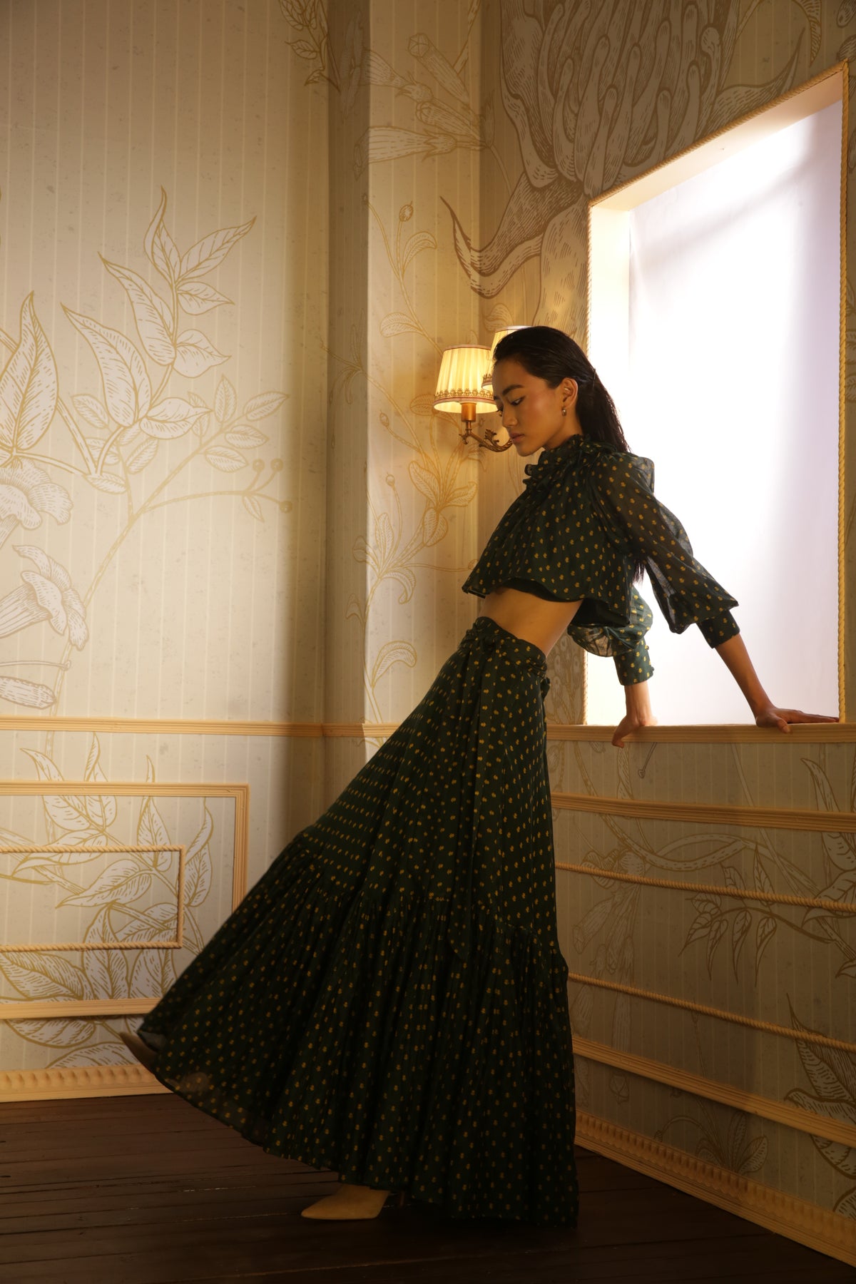 GREEN WITH YELLOW POLKA MOTIF SKIRT