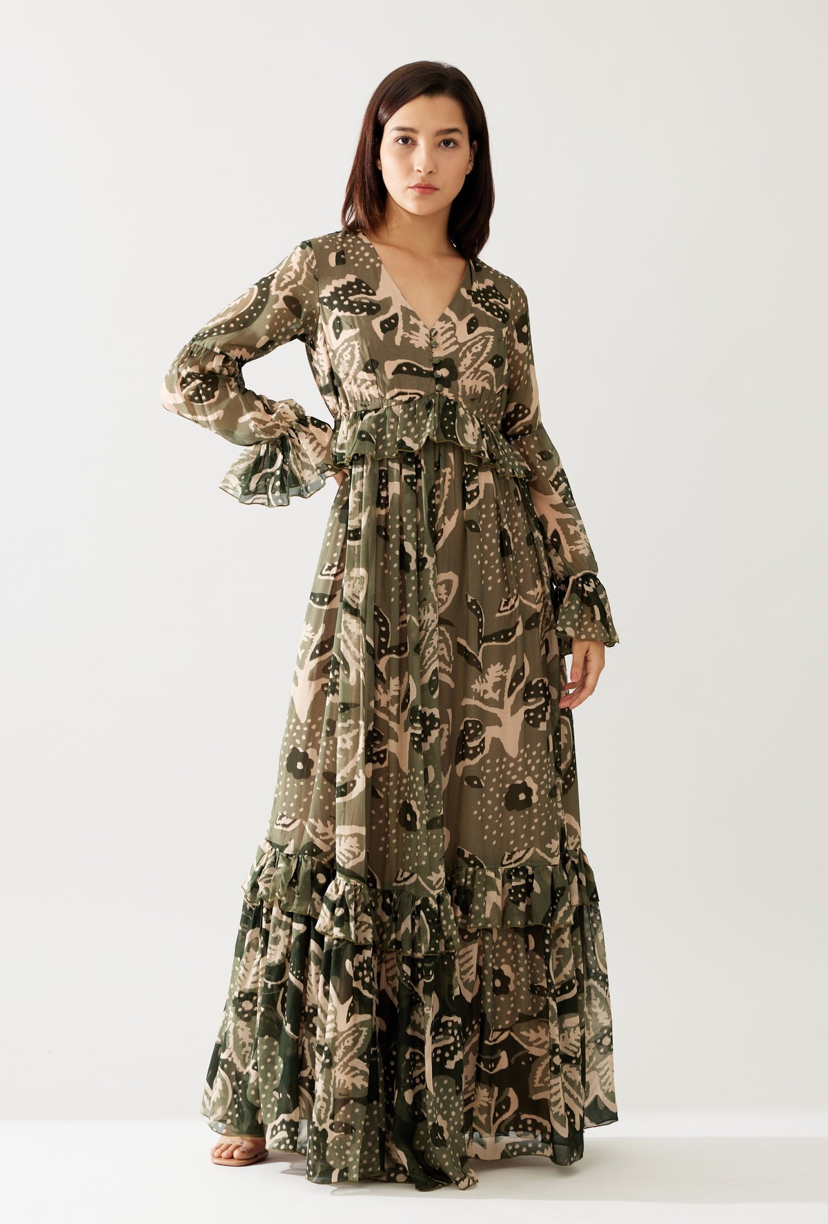 GREEN AND CREAM FLORAL FRILL LONG DRESS - Main Image