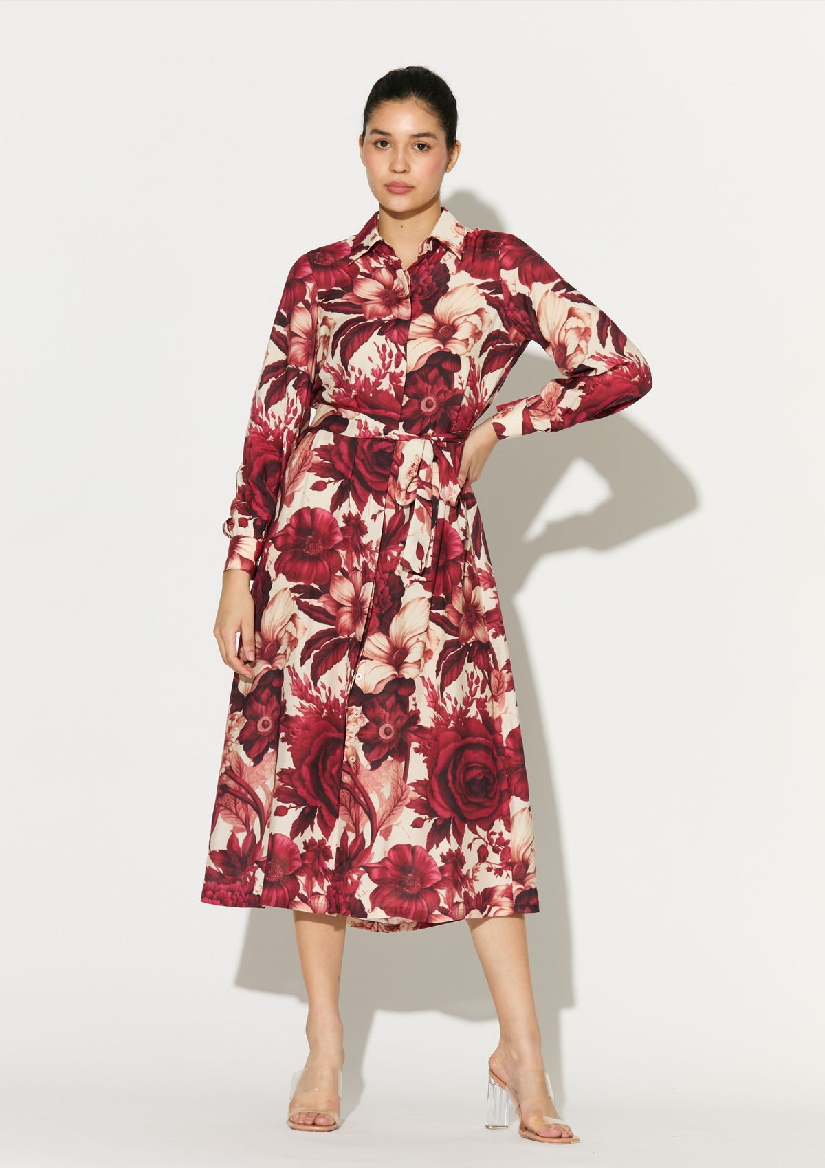 WHITE AND RED FLORAL SHIRT DRESS
