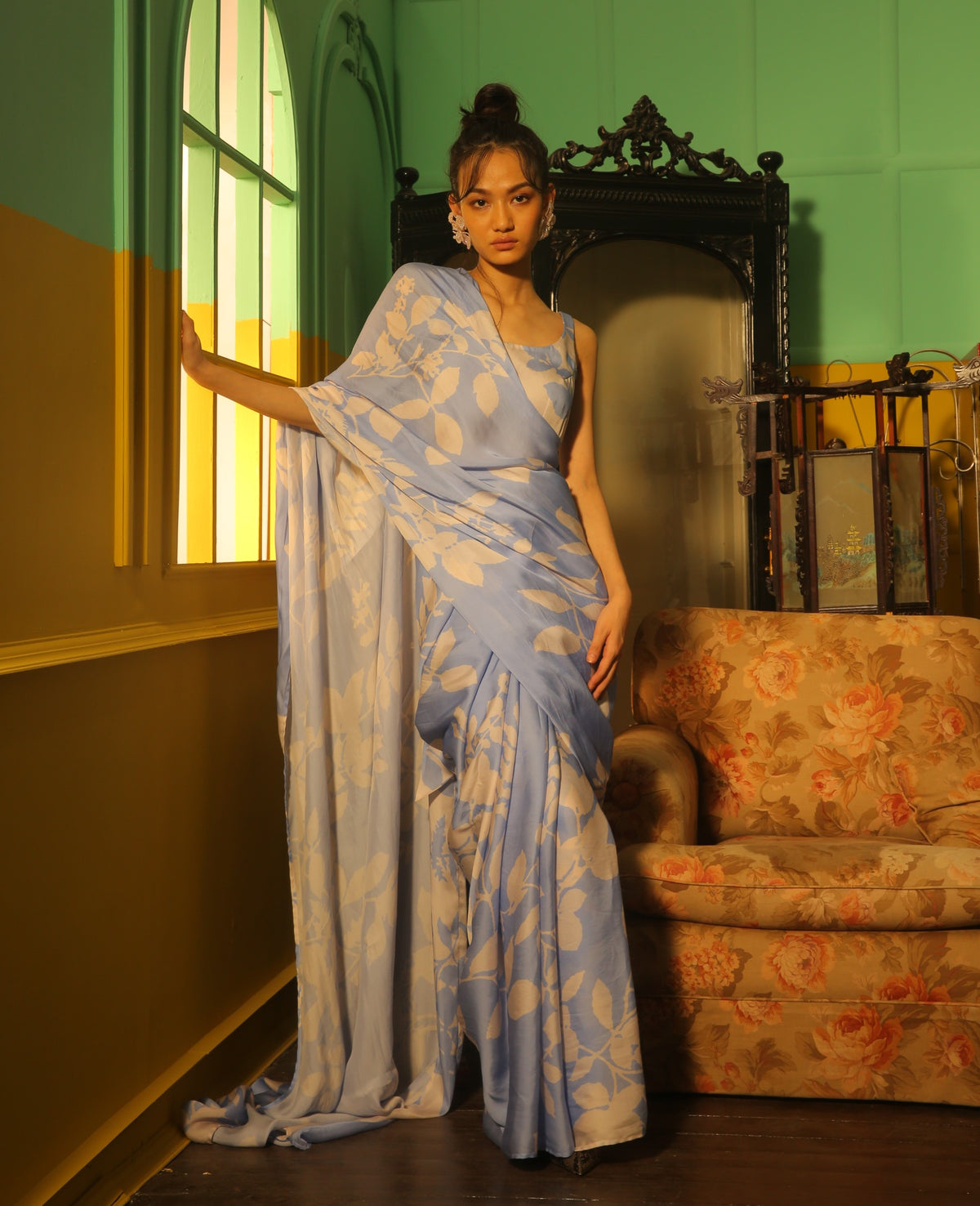 SKY BLUE AND WHITE FLORAL SAREE