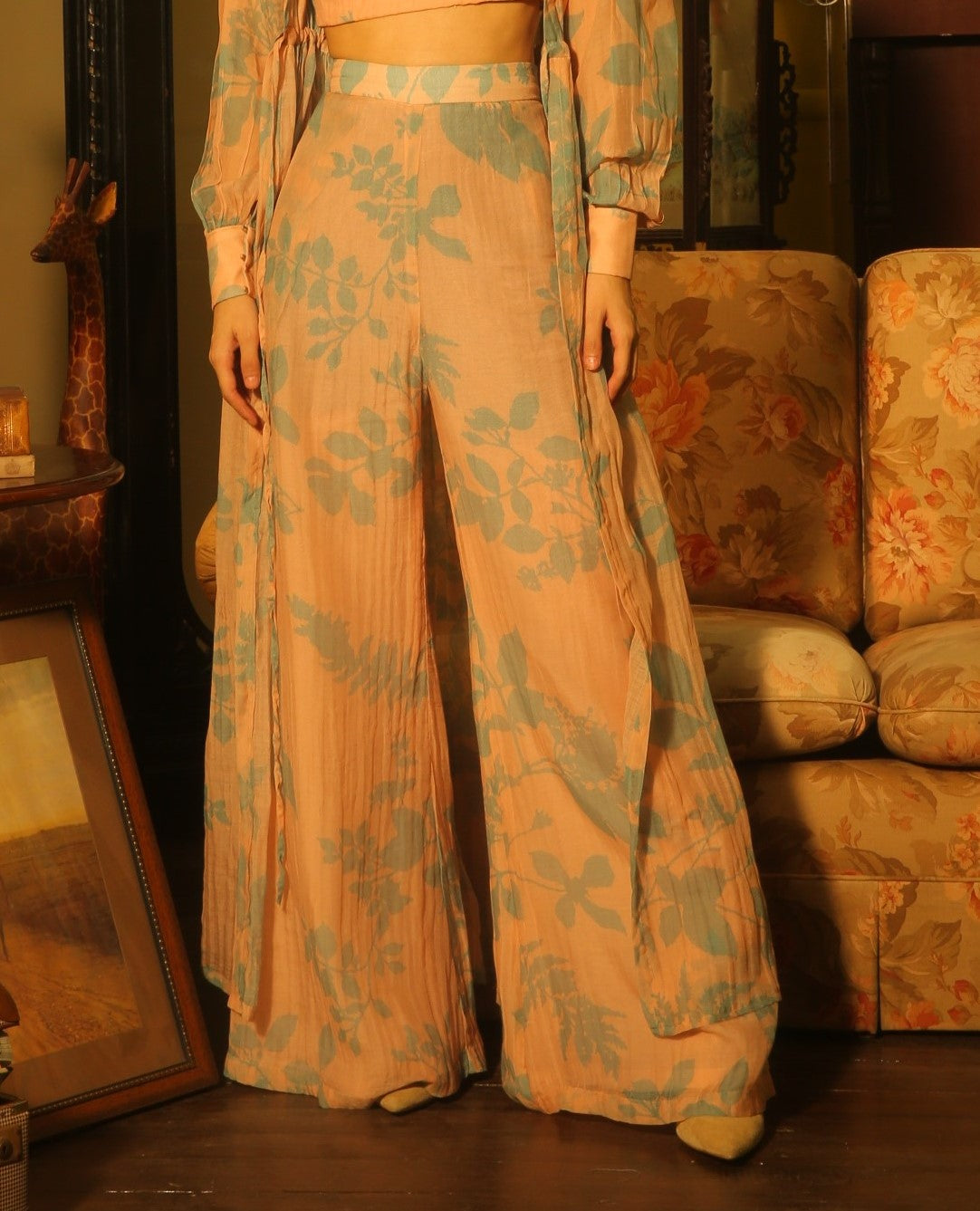 CREAM AND TEAL FLORAL  PANTS