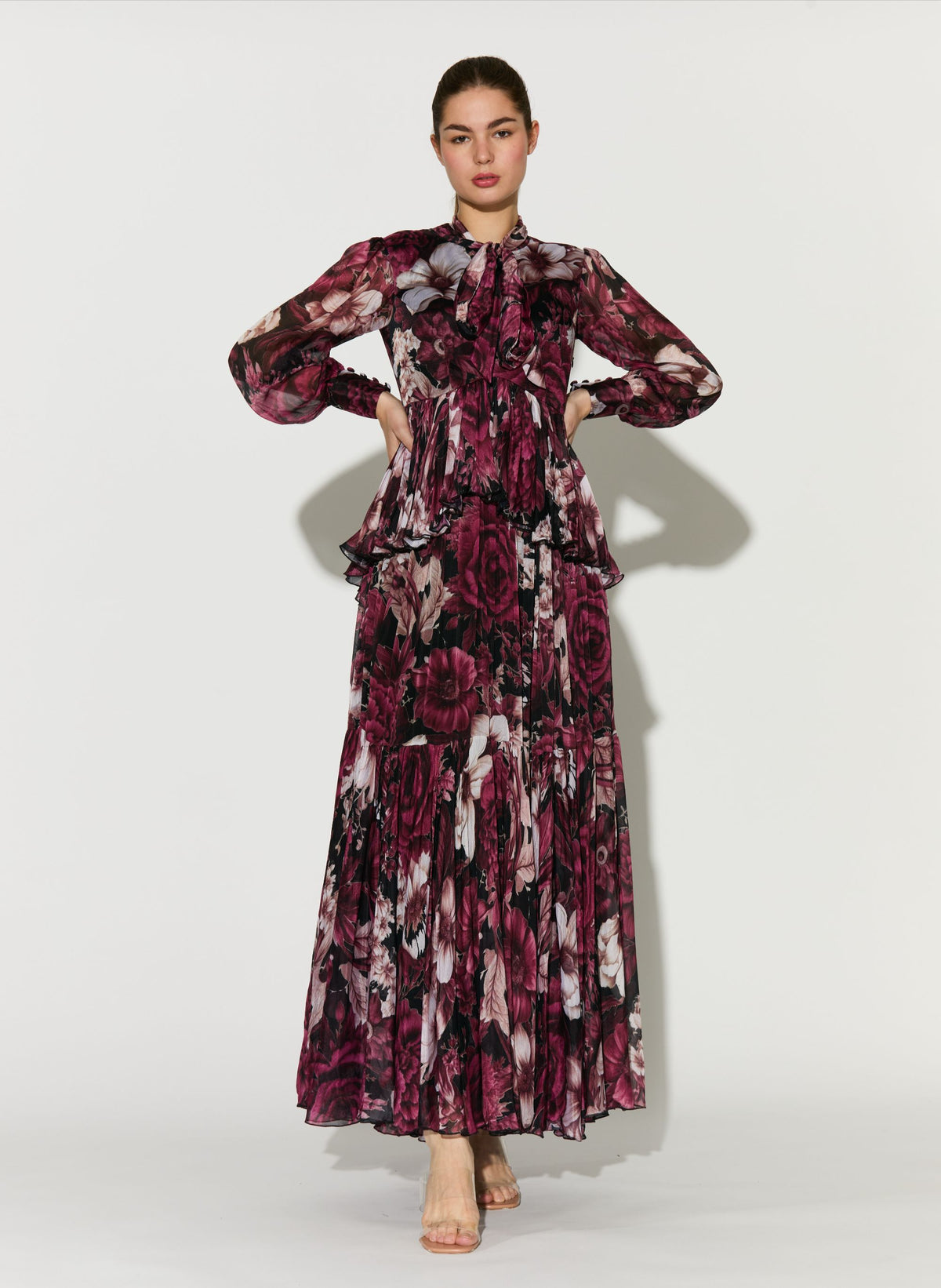 BLACK, PINK AND WHITE FLORAL LONG DRESS