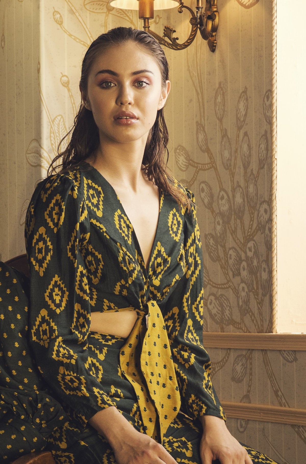 DABU PRINTED GREEN AND YELLOW WRAP TOP