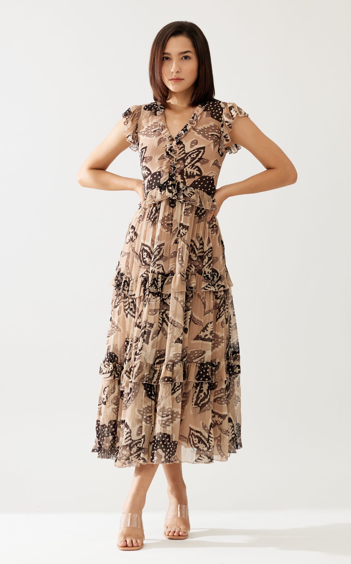 CREAM AND DARK BROWN FLORAL MIDI DRESS CREAM AND DARK BROWN FLORAL MIDI DRESS