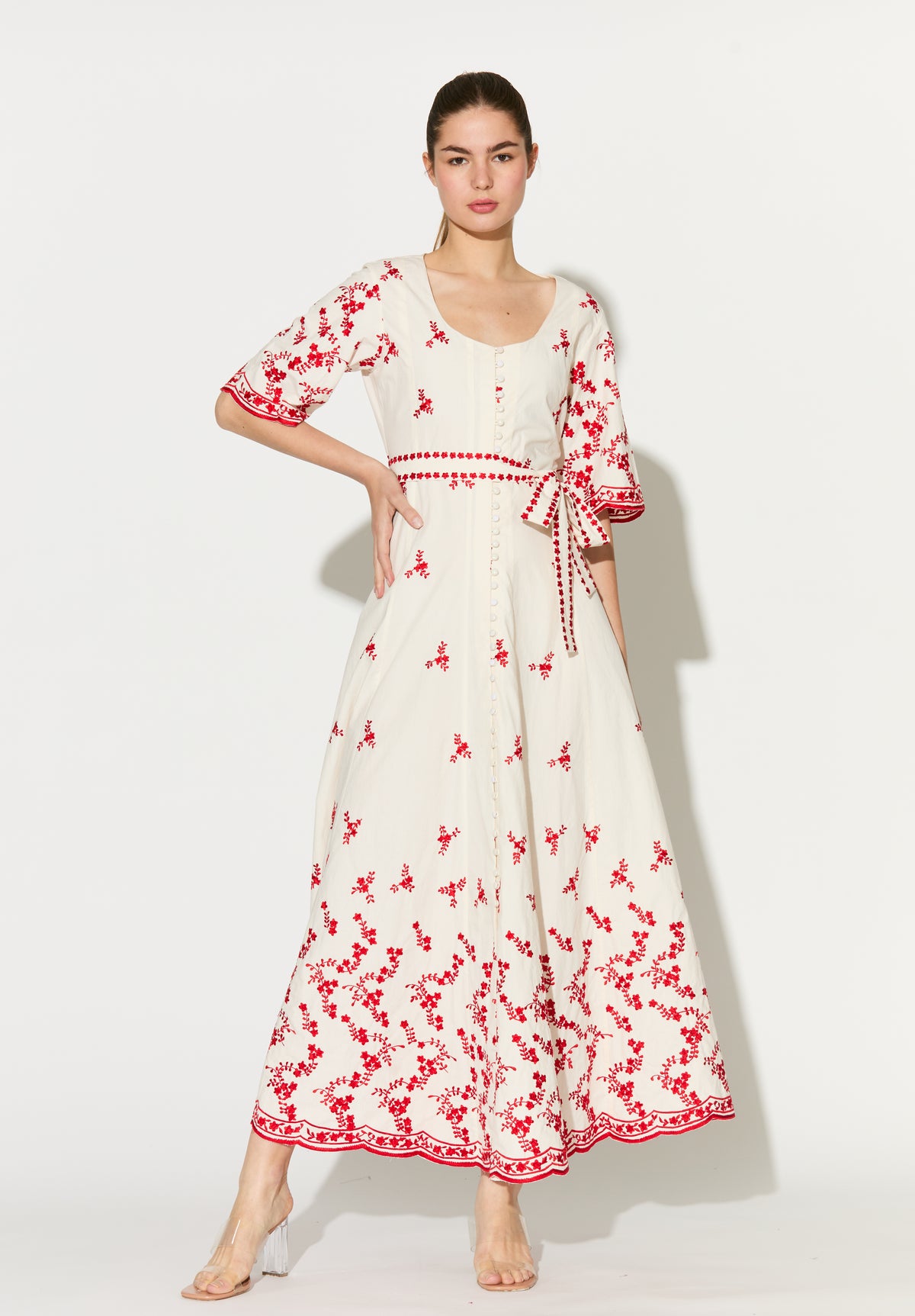 WHITE WITH RED EMBROIDERED SHIRT DRESS