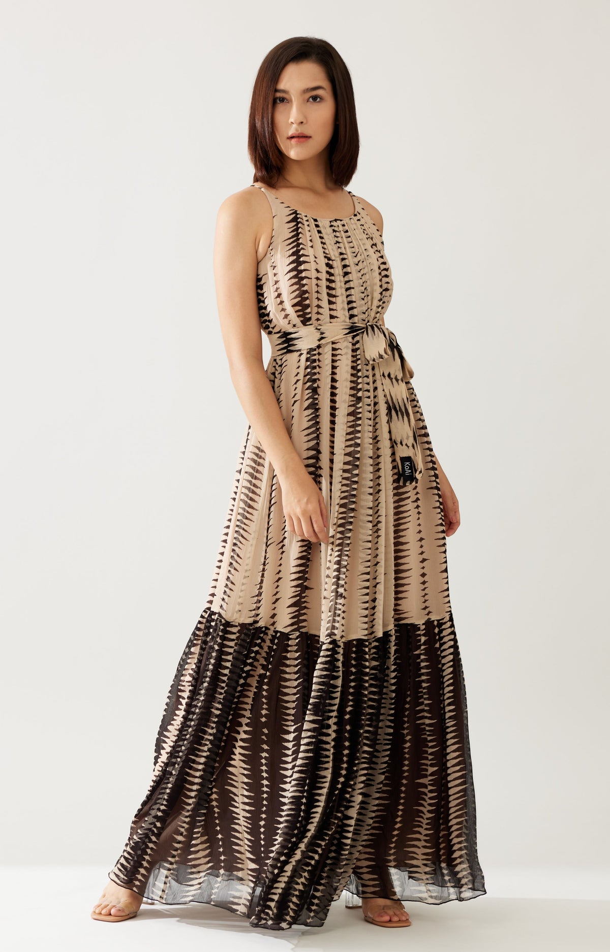 CREAM AND DARK BROWN STRIPE SLEEVELESS LONG DRESS CREAM AND DARK BROWN STRIPE SLEEVELESS LONG DRESS