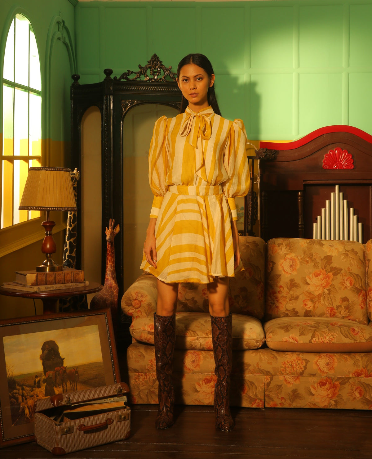 YELLOW AND WHITE STRIPE  BOW TOP