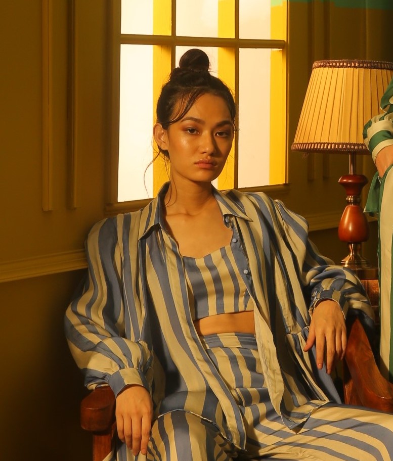 BLUE AND BEIGE STRIPE BUSTIER