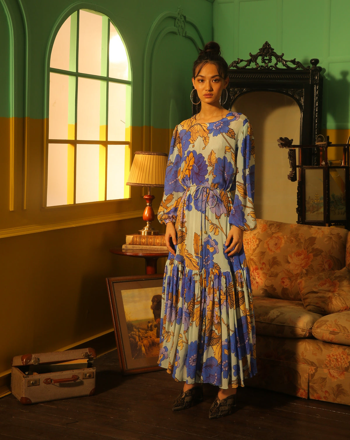 SKY BLUE AND INDIGO FLORAL LONG DRESS