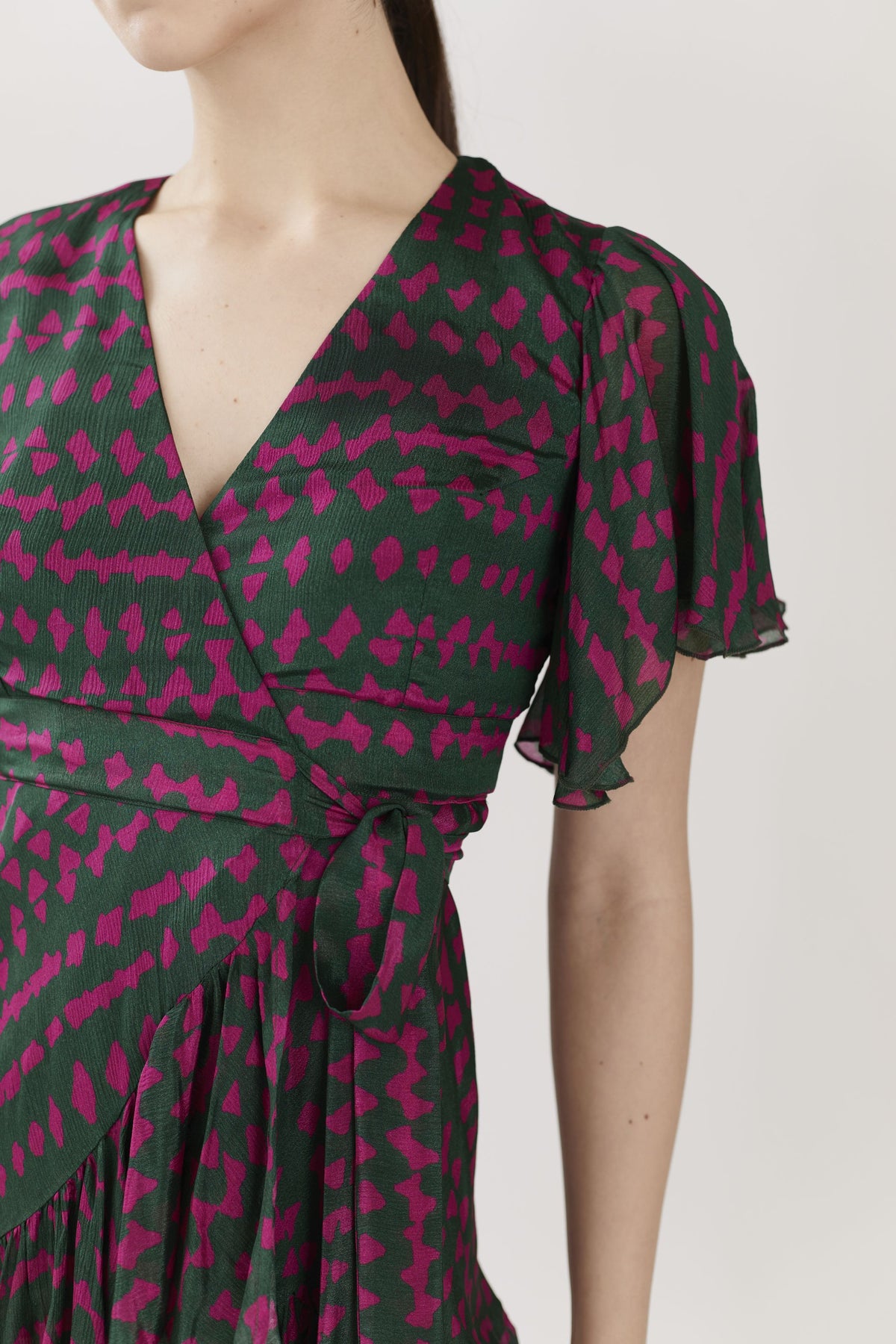 GREEN AND PINK ABSTRACT WRAP DRESS