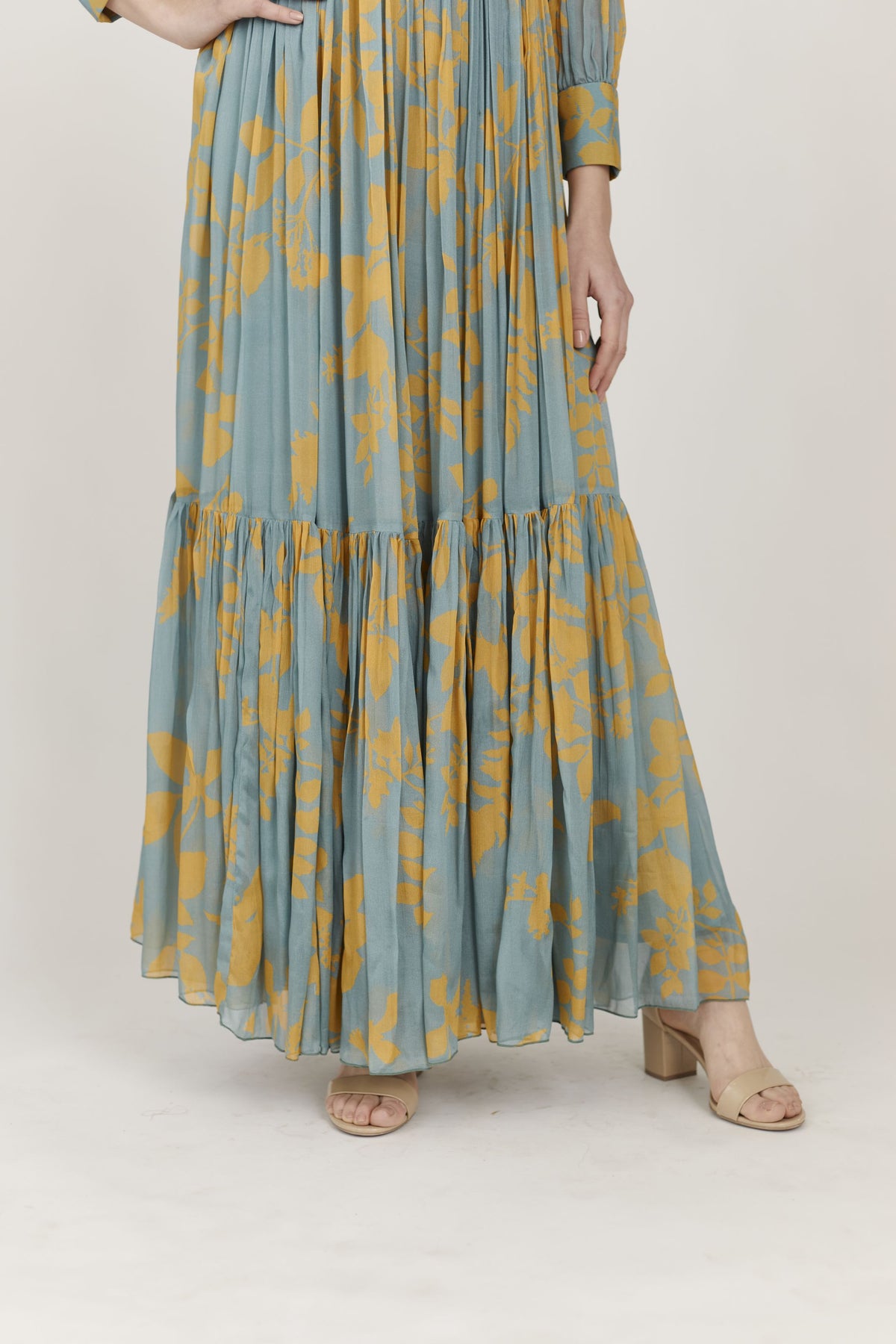 BLUE AND MUSTARD FLORAL LONG FRILL DRESS