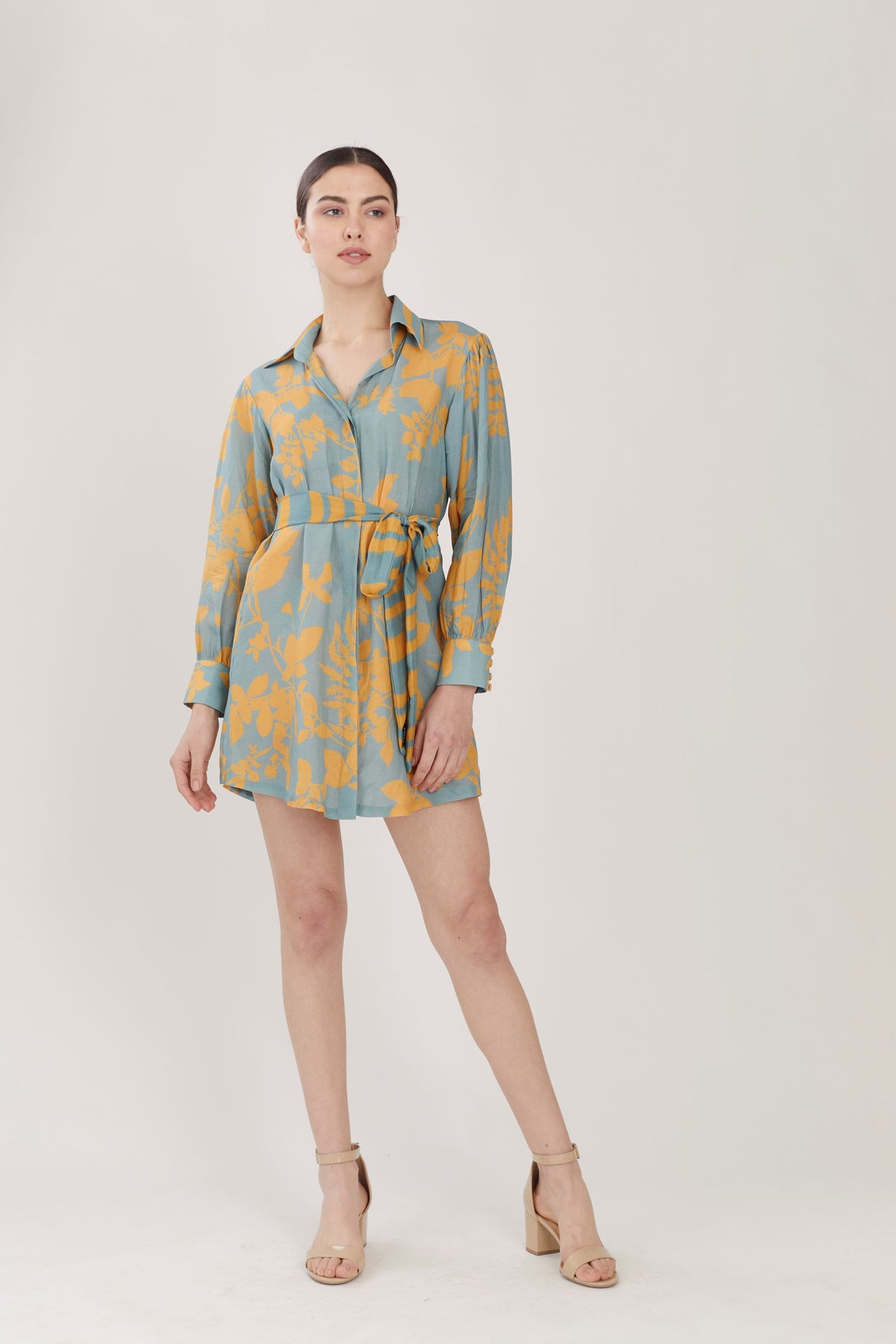 BLUE AND MUSTARD FLORAL LONG SHIRT