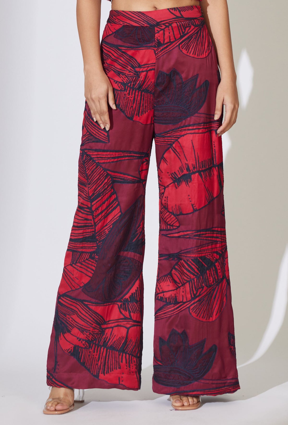 RED AND MAROON FLORAL EMBROIDERED PANTS
