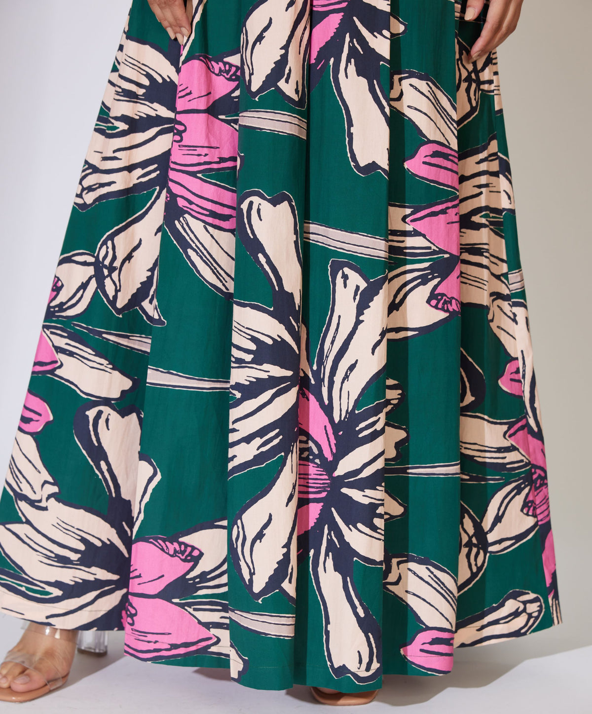 GREEN, PEACH AND PINK FLORAL PLEATED PANTS
