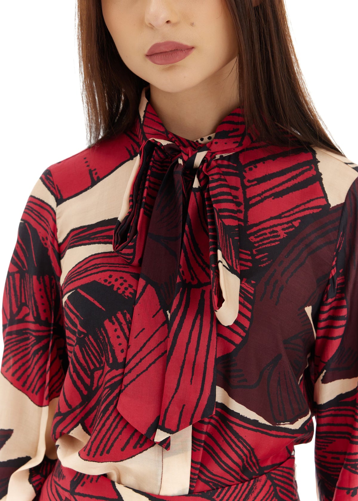 OFF WHITE, RED & BROWN FLORAL BOW SHIRT