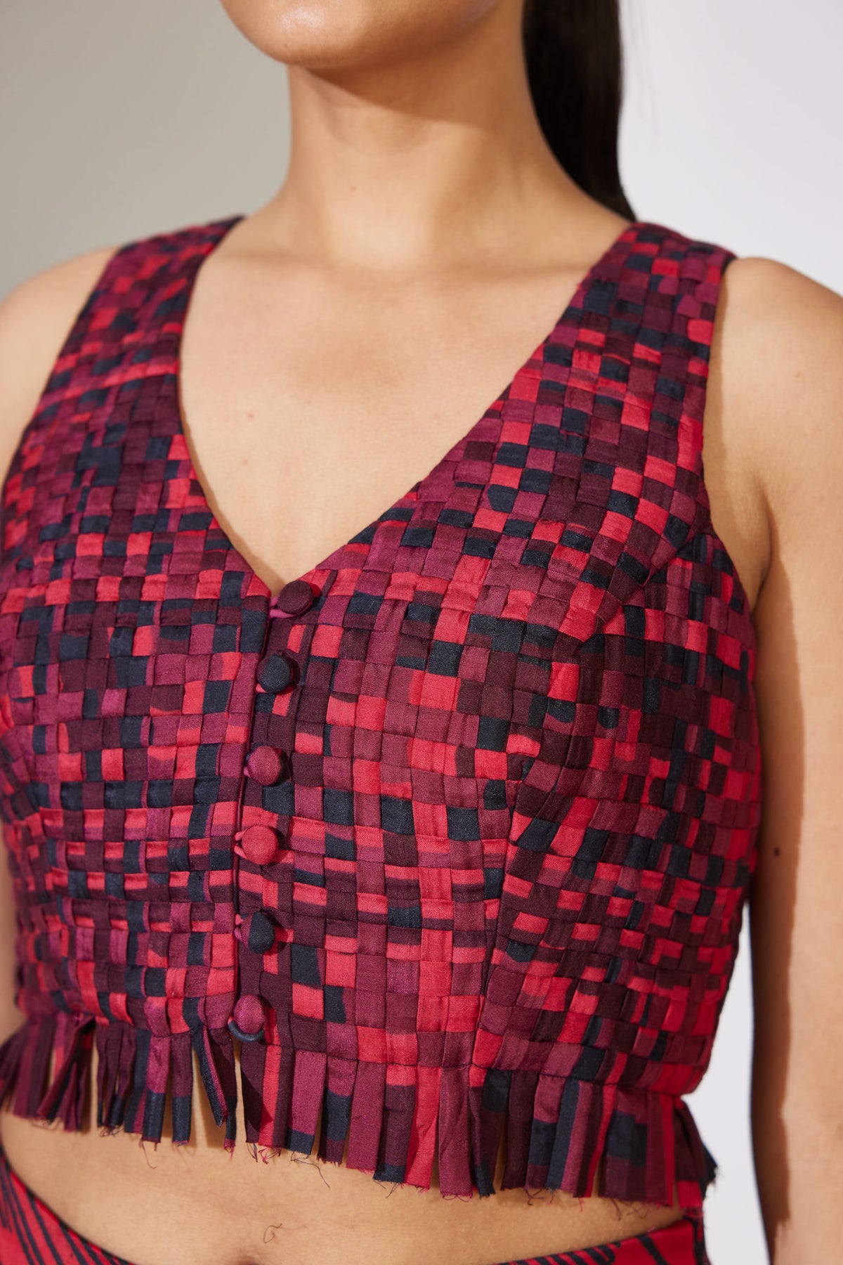 RED AND BLACK CHECK WEAVED BUSTIER