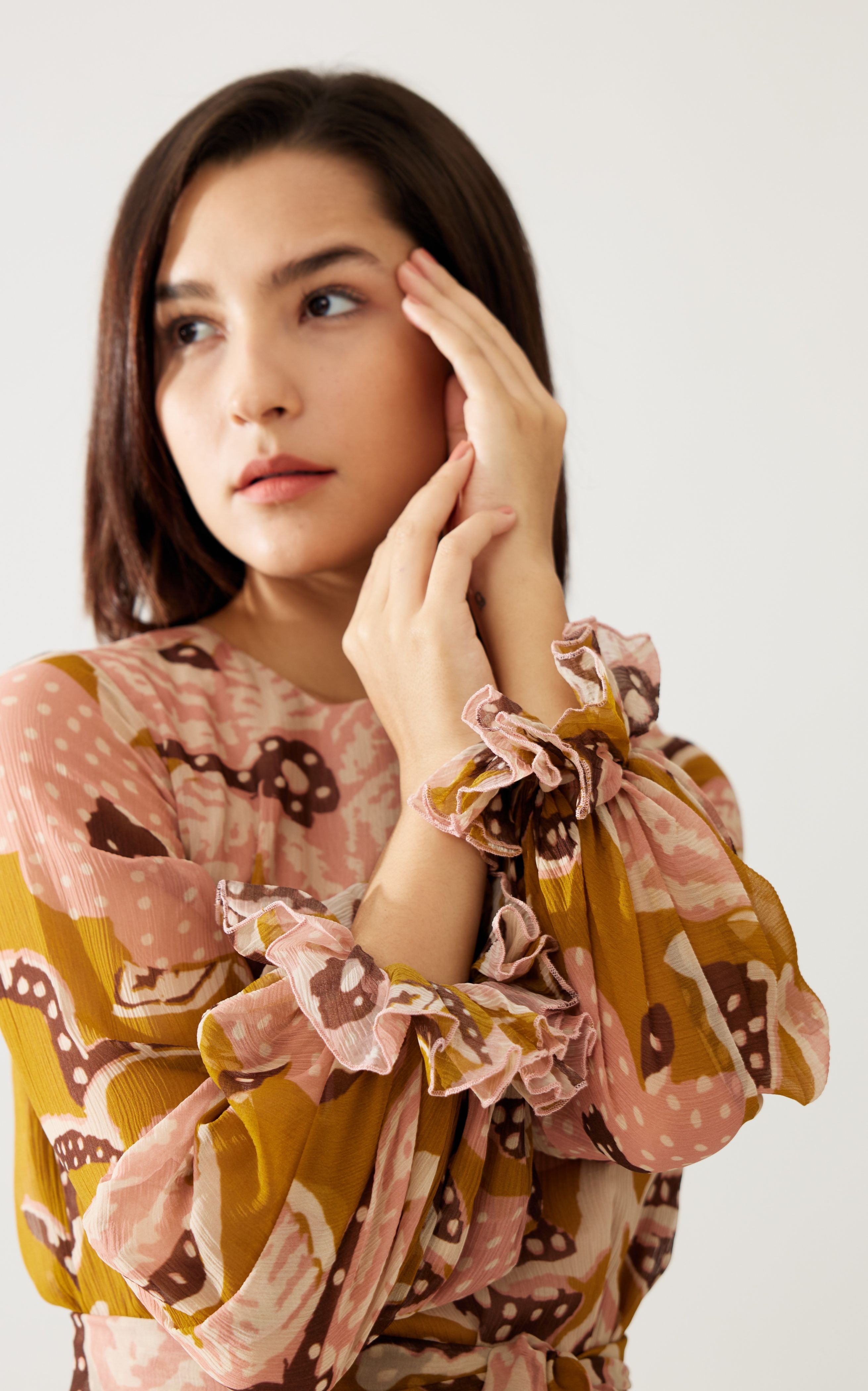 MUSTARD AND PINK FLORAL MIDI DRESS – ShopKoai