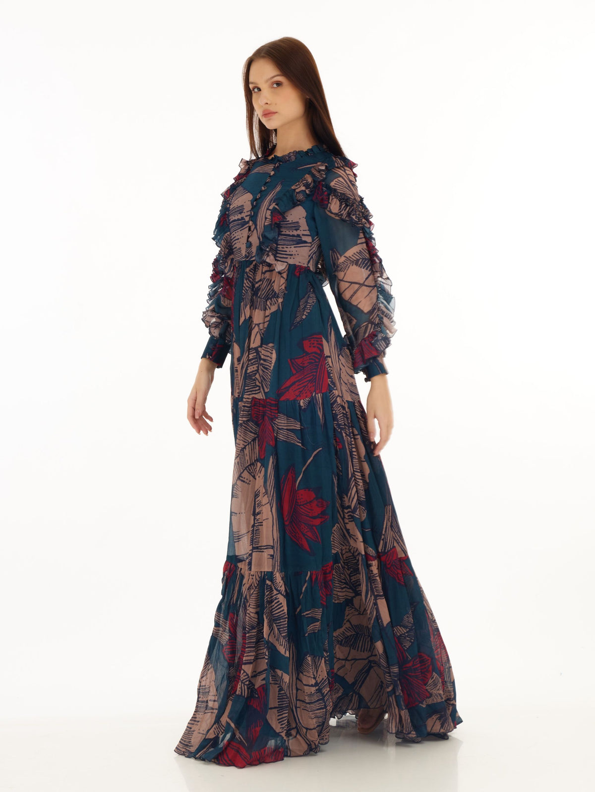 BLUE, ORANGE RED FLORAL FRILL LONG DRESS
