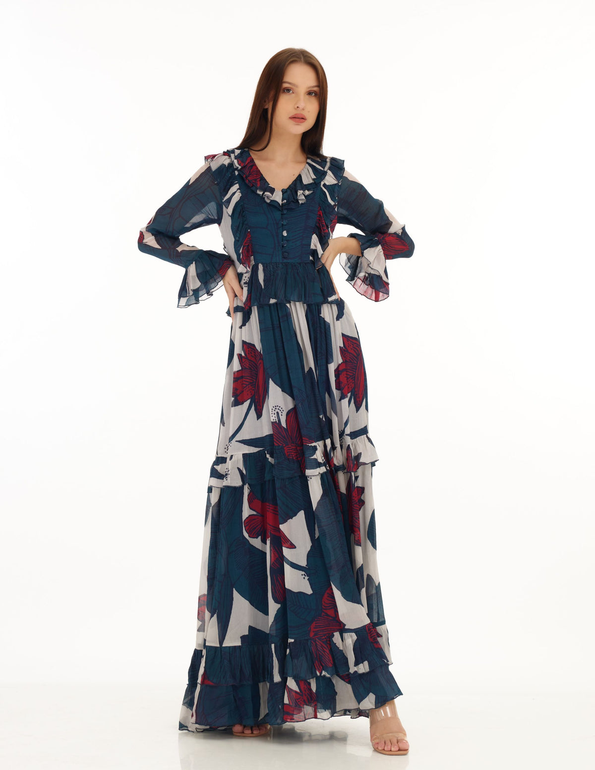 BLUE, OFF WHITE & RED FLORAL FRILL LONG DRESS