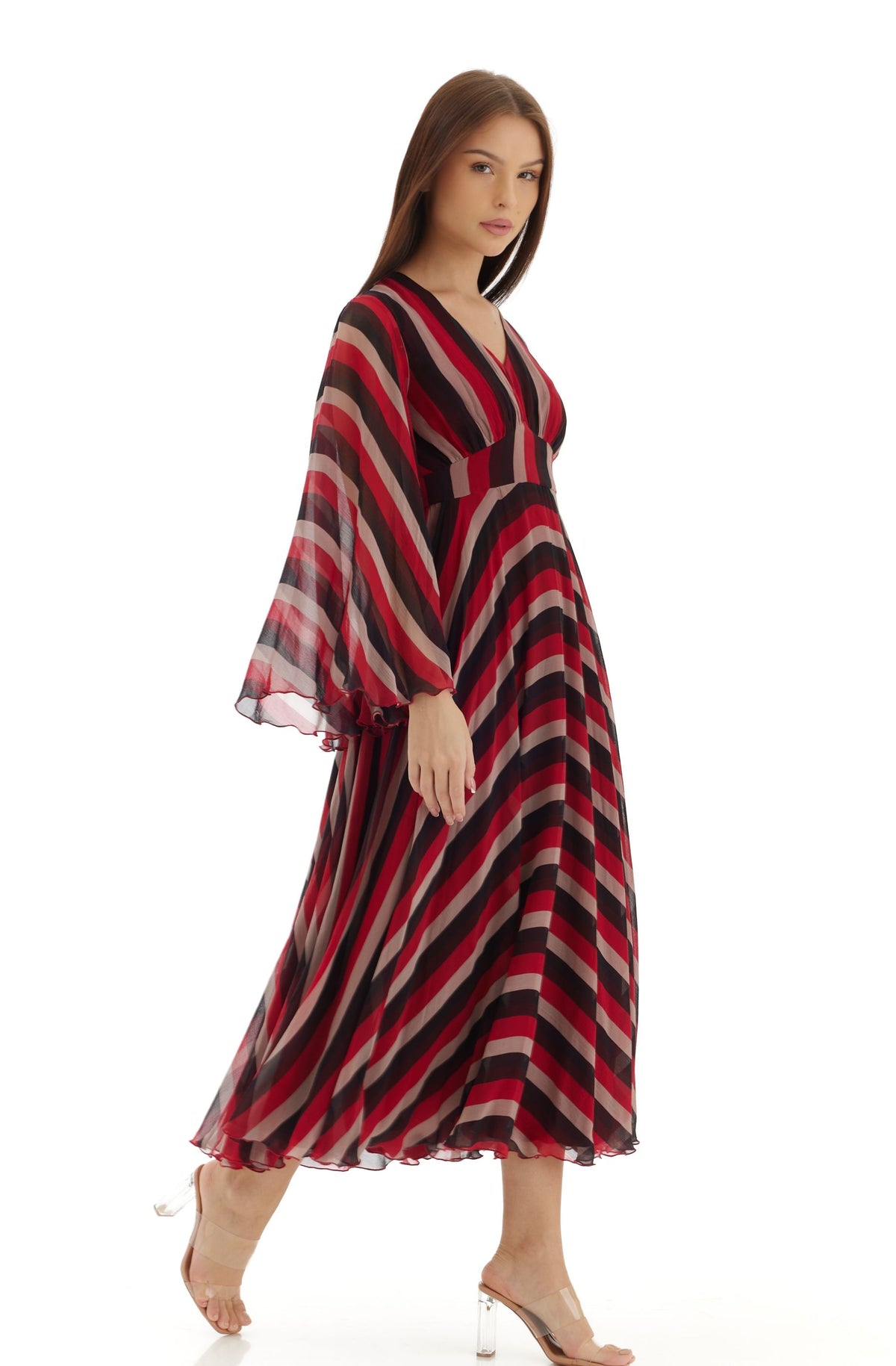 red black white striped dress Reiss Colourblock Stripe Asymmetric Midi Dress in Burgundy/Off White