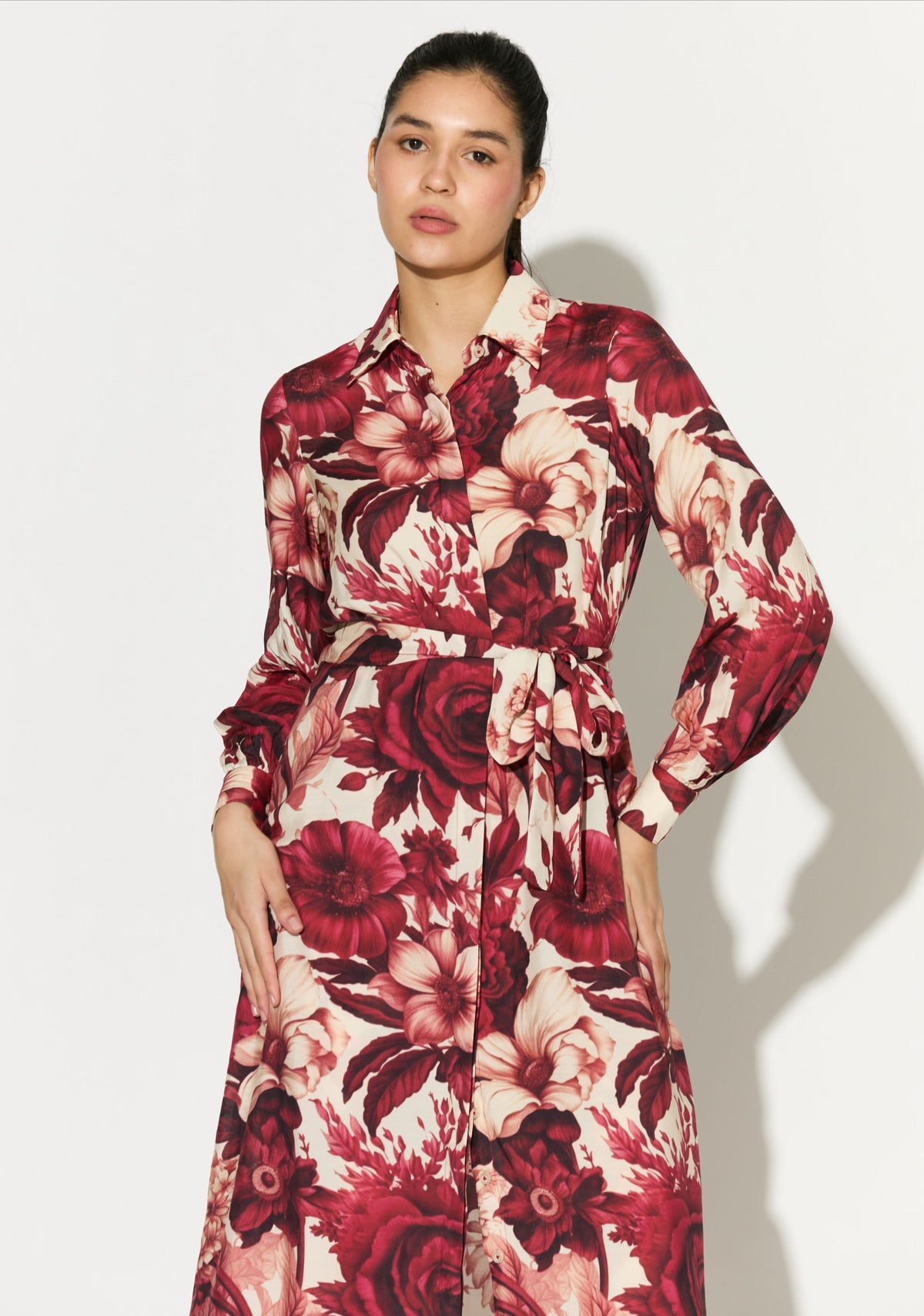 WHITE AND RED FLORAL LONG SHIRT